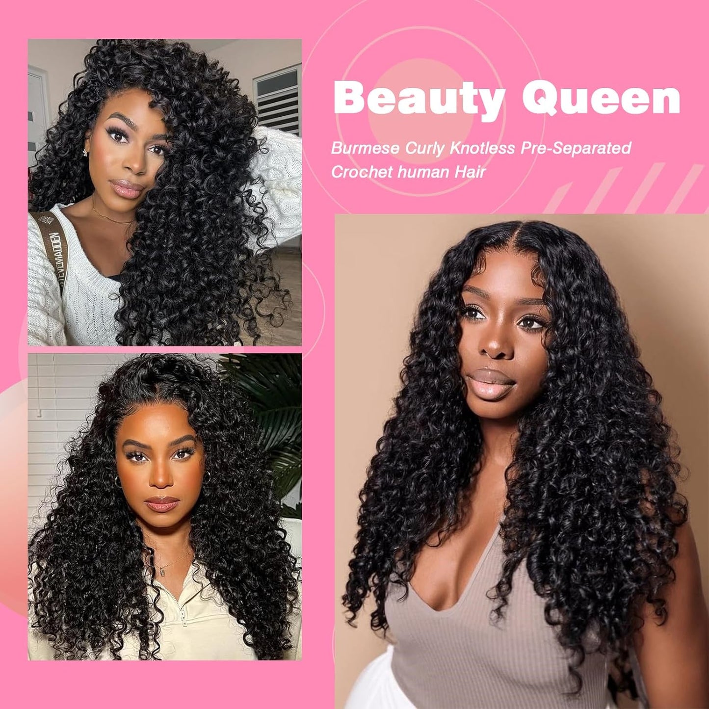 Beauty Queen Burmese Curly Crochet Human Hair 20 Inch 120g Knotless Pre-Separated Feather Human Hair Crochet Bundles 3C4A Lightweight Reusable Remy Hair Extensions for Women Natural Black Color