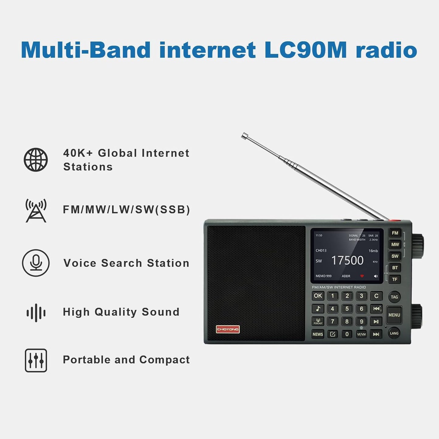 CHOYONG LC90 Mini Multi-Band Smart Internet Radio Portable WiF/4G,AM/FM,Longwave & Shortwave Radio with SSB Single Side Band,Bluetooth,TF Card,All World Radios,Digital Radio, choyoung