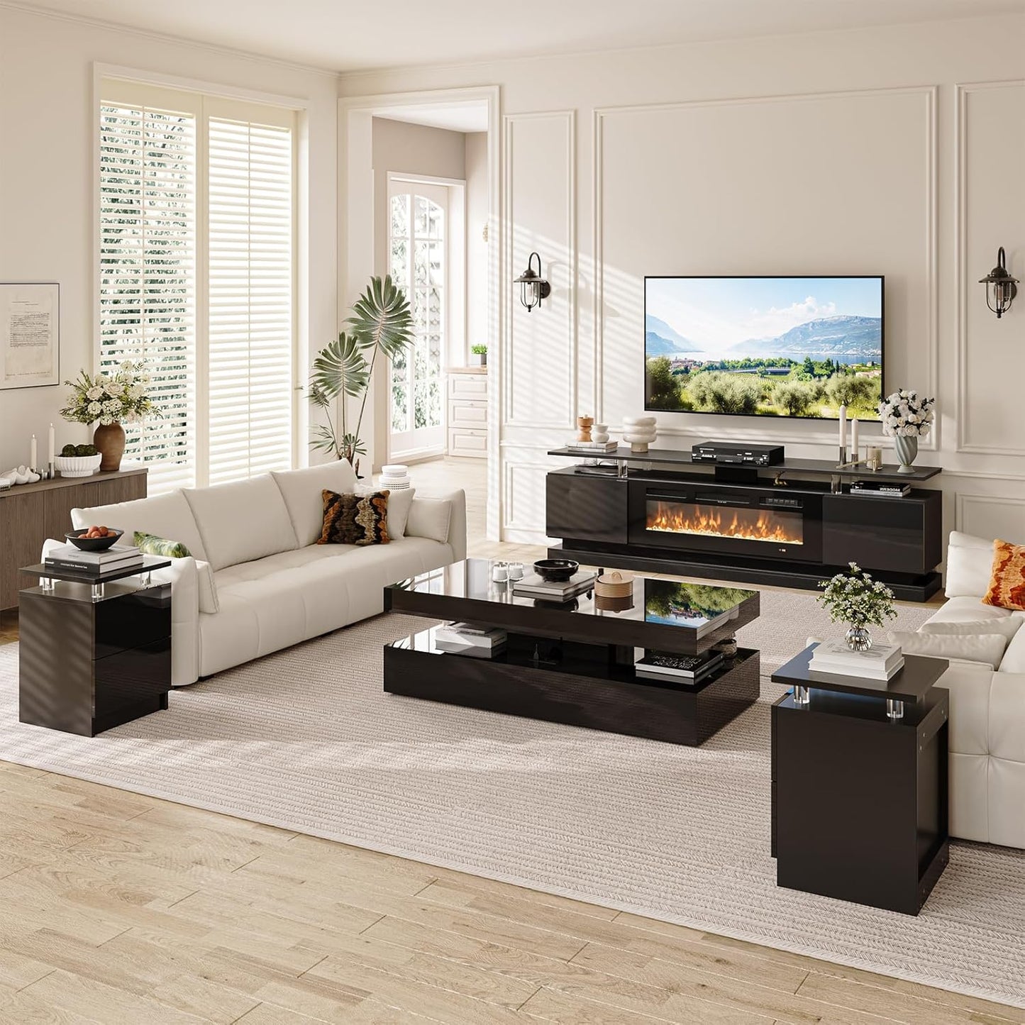 4-Piece Modern Living Room Table Set, Includes High Gloss 70" Fireplace TV Stand, 47" LED Coffee Table and 15" End Tables Set of 2 with Storage Drawers, Black