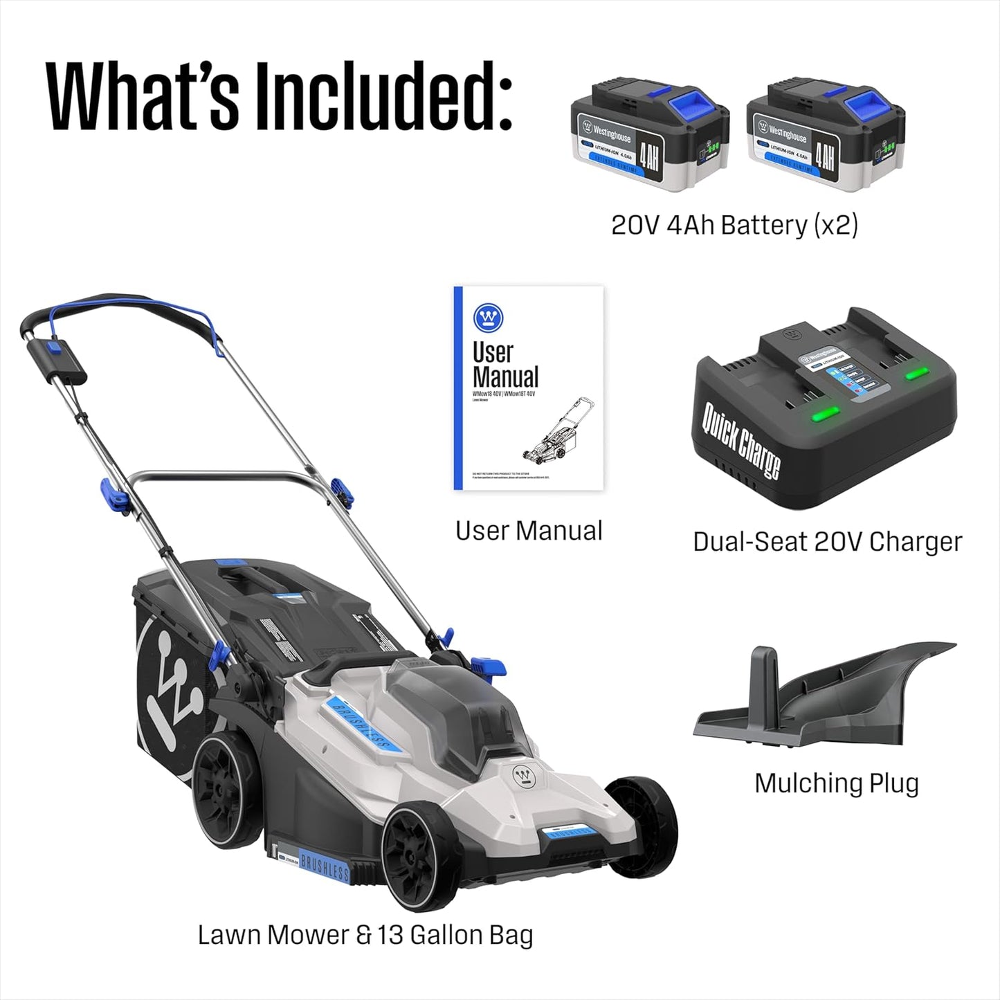 Westinghouse 40V 18 Inch Brushless Cordless (Push) Lawn Mower, 6 Height Positions, 2 4.0Ah Batteries and Charger Included