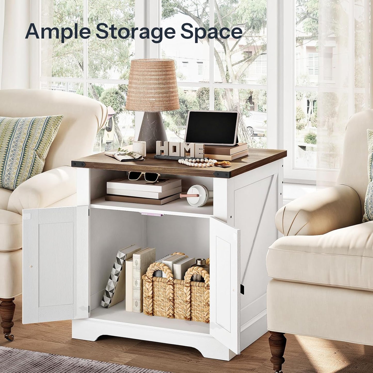 HOOBRO Farmhouse End Tables Set of 2 with Charging Station, 23.6" Large End Table for Living Room, Sofa Side Table with Barn Door, Wooden Square Nightstand Bedside Table, White and Walnut WH601UBZP201