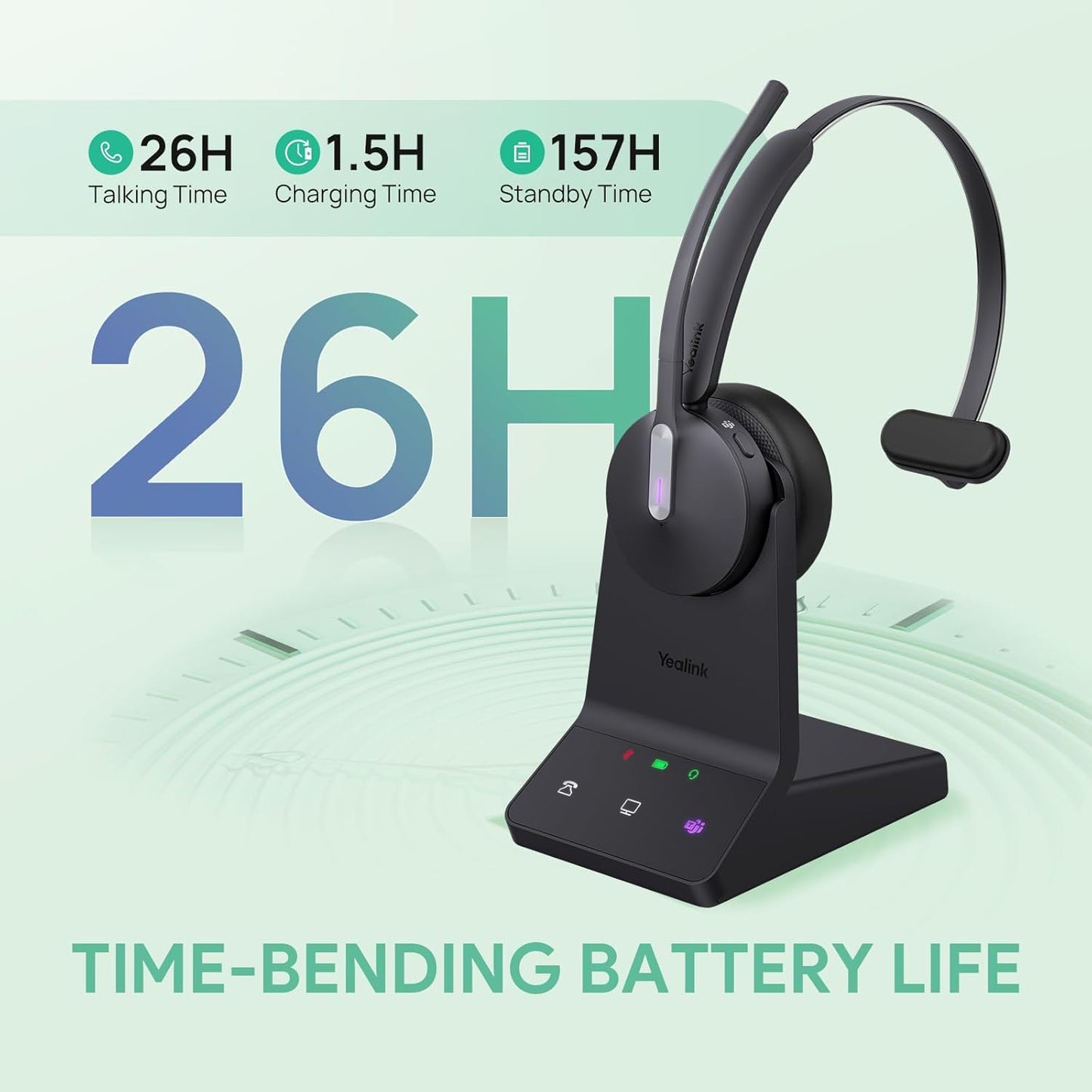 Yealink WH64 Wireless Mono Headset, DECT & Bluetooth Work Headset with 3X Noise Cancelling Mic, 26H Calls, Office Single On Ear Headsets Teams Certified for DeskPhone, Computer, Cellphone