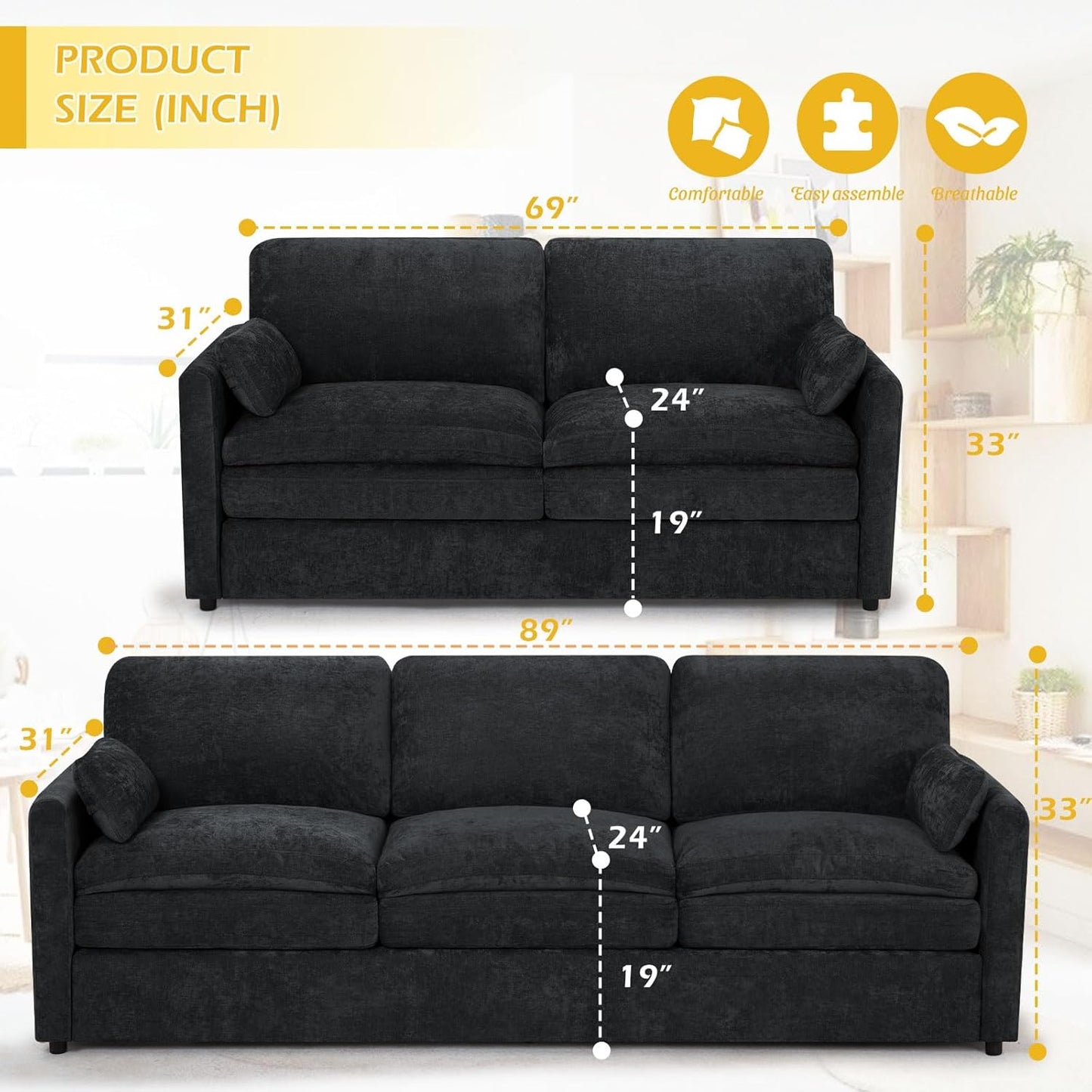 2 Pieces Chenille Sofa Set w/Two Throw Pillows, Upholstered Loveseat & 3 Seater Sofa w/Comfortable Back Cushions, Modern 2-Seat & 3-Seat w/High-Density Foam for Living Room, Apartment, Black