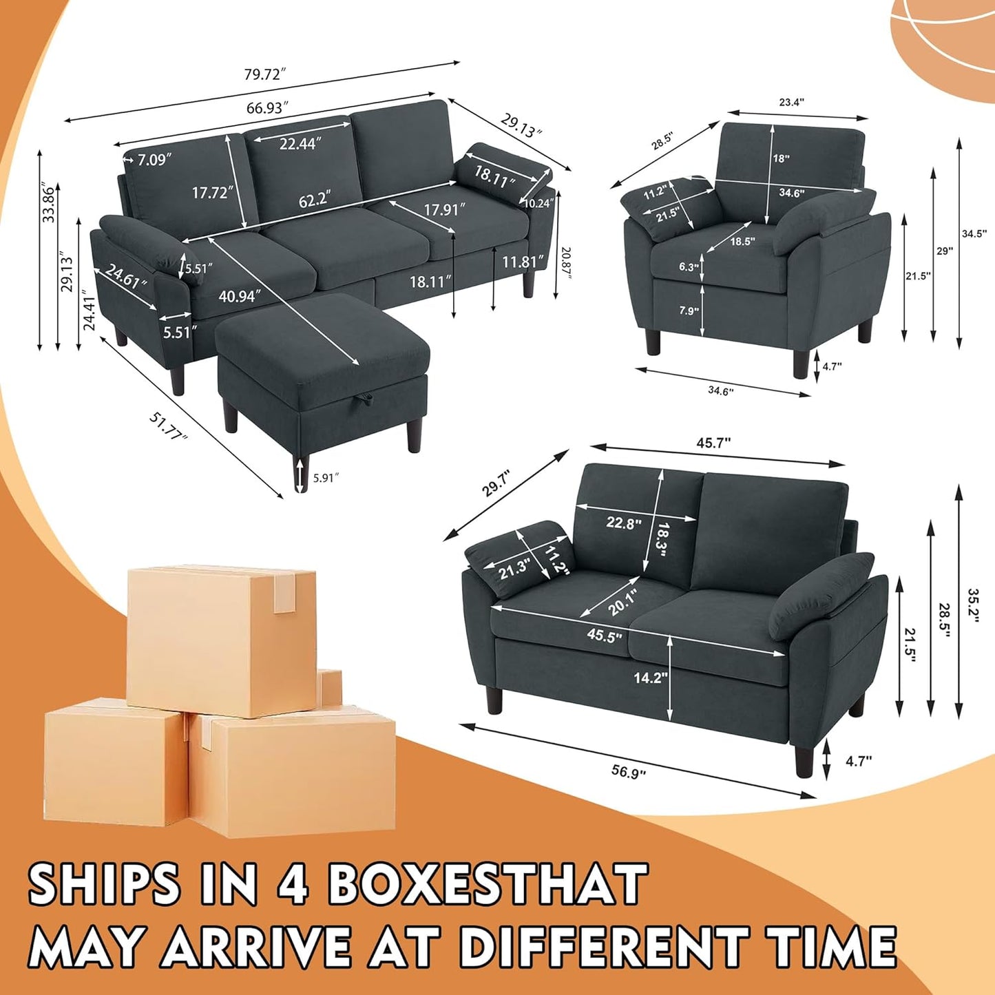 4 Piece Convertible Sectional Sofa Set, Modern Linen Small L Shaped Couch with Reversible Chaise, 3-Seater Sofa & Loveseat & Armchair for Living Room, Office, Apartment, Dark Grey