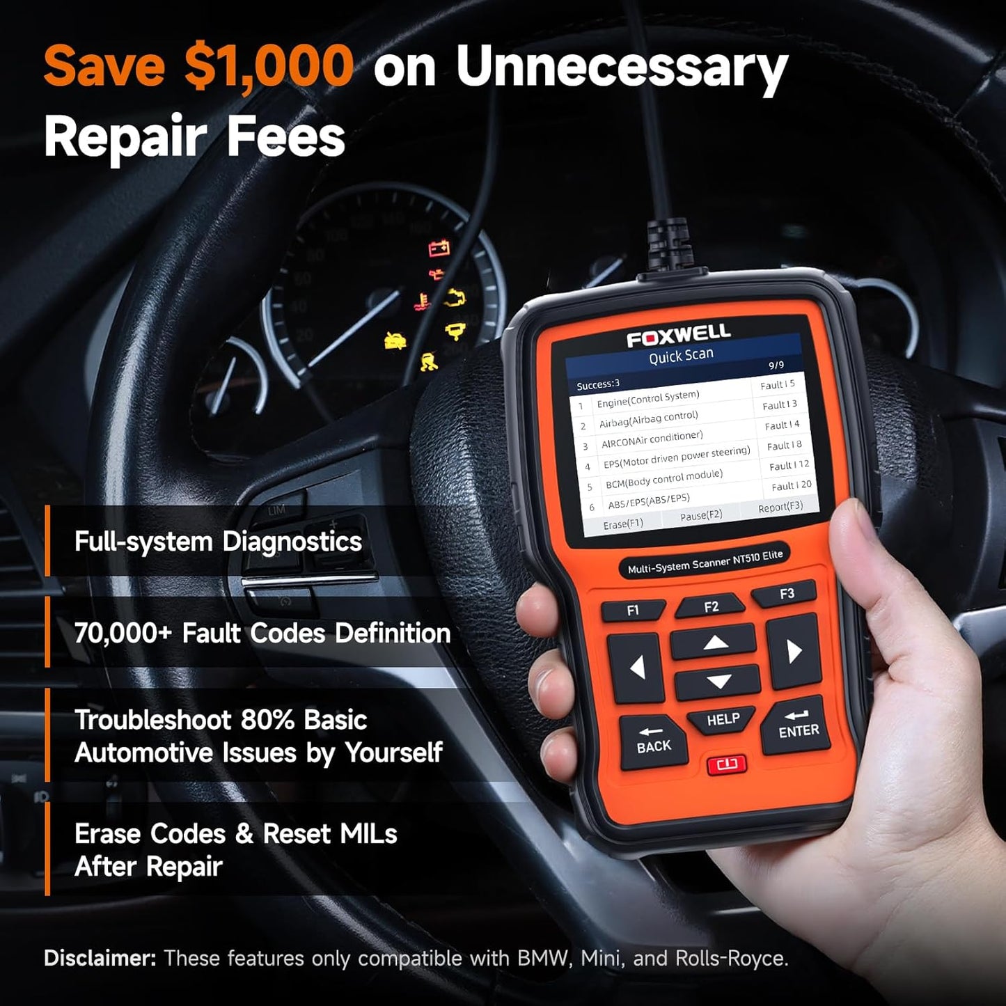 FOXWELL NT510 Elite Scan Tool fit for BMW Scanner Full Diagnostic Tool OBD2 Scanner, All System Bi-Directional Control Code Reader with All Reset Services, Battery Registration Tool fit for BMW Mini