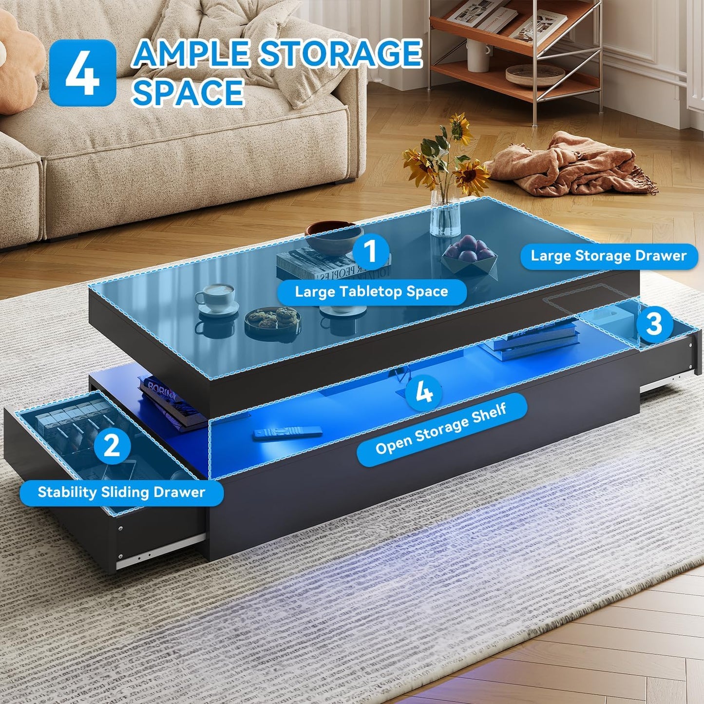 3-Piece Modern Living Room Table Set, Includes LED Coffee Table and End Tables Set of 2 with Storage Drawers, Black
