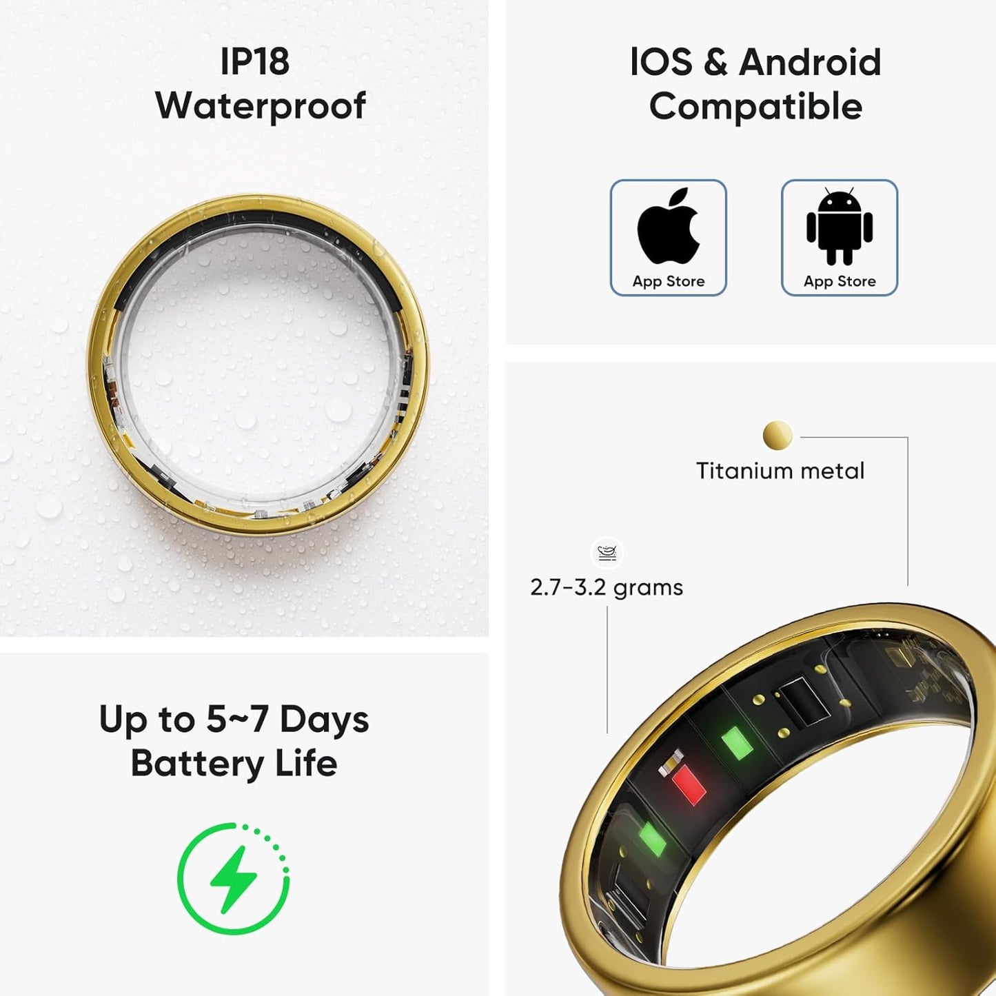 Smart Ring, Titanium Health & Fitness Tracker with Sleep, Heart Rate & SPO₂ Monitoring, Ultra-Light, 4–6 Day Battery, No Subscription, for Women & Men (Gold 8)