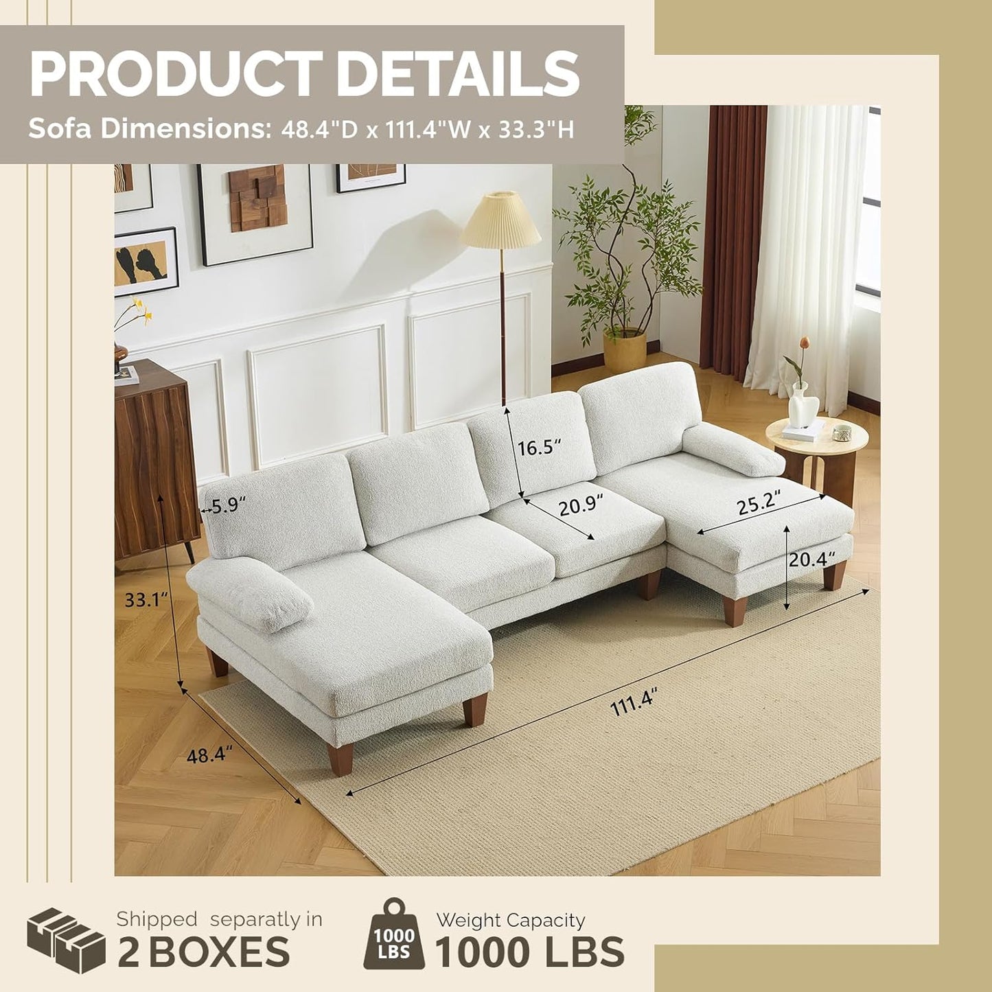 VINGLI 110' U-Shaped Sectional Couch with Two Chaise, Affordable Small Sofa with 4 Seats, Chenille Fabric Comfy Couches for Living Room, Beige