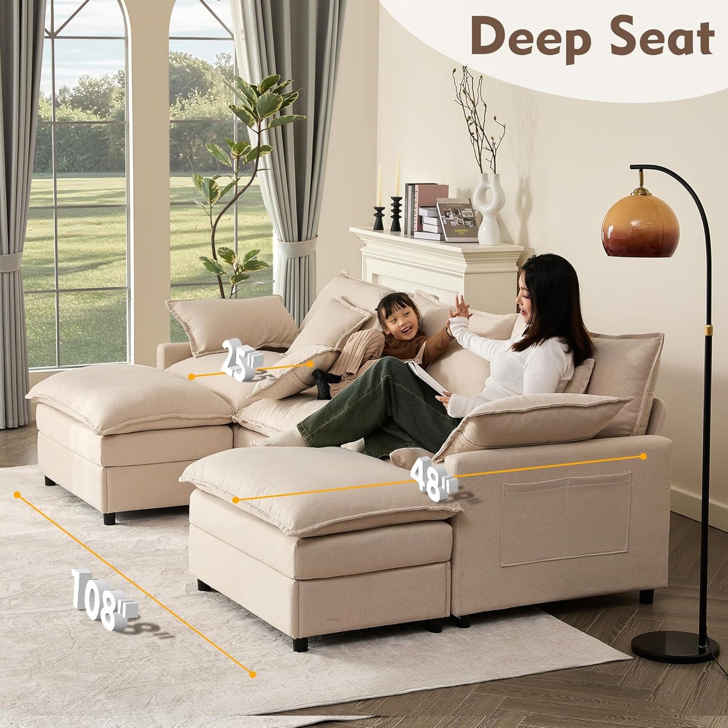 GOSUHI 108" U Shaped Couch, Modular Sectional Sofa, 3-Seater Comfy Cloud Couch, Set of Modular Pieces with Movable Ottoman, Deep Seat Couches for Living Room, Linen, Beige