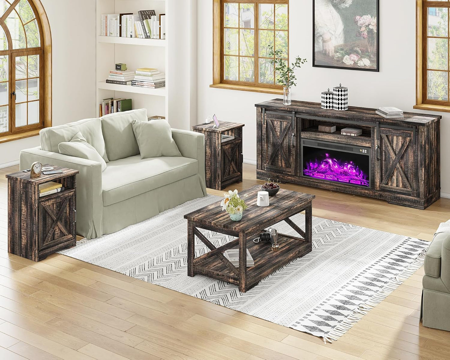 AMERLIFE 5-Piece Farmhouse Table Set Includes Fireplace TV Stand, Coffee Table& Two End Tables with Charging Station and USB Ports, for Living Room, Dark Oak, 63"