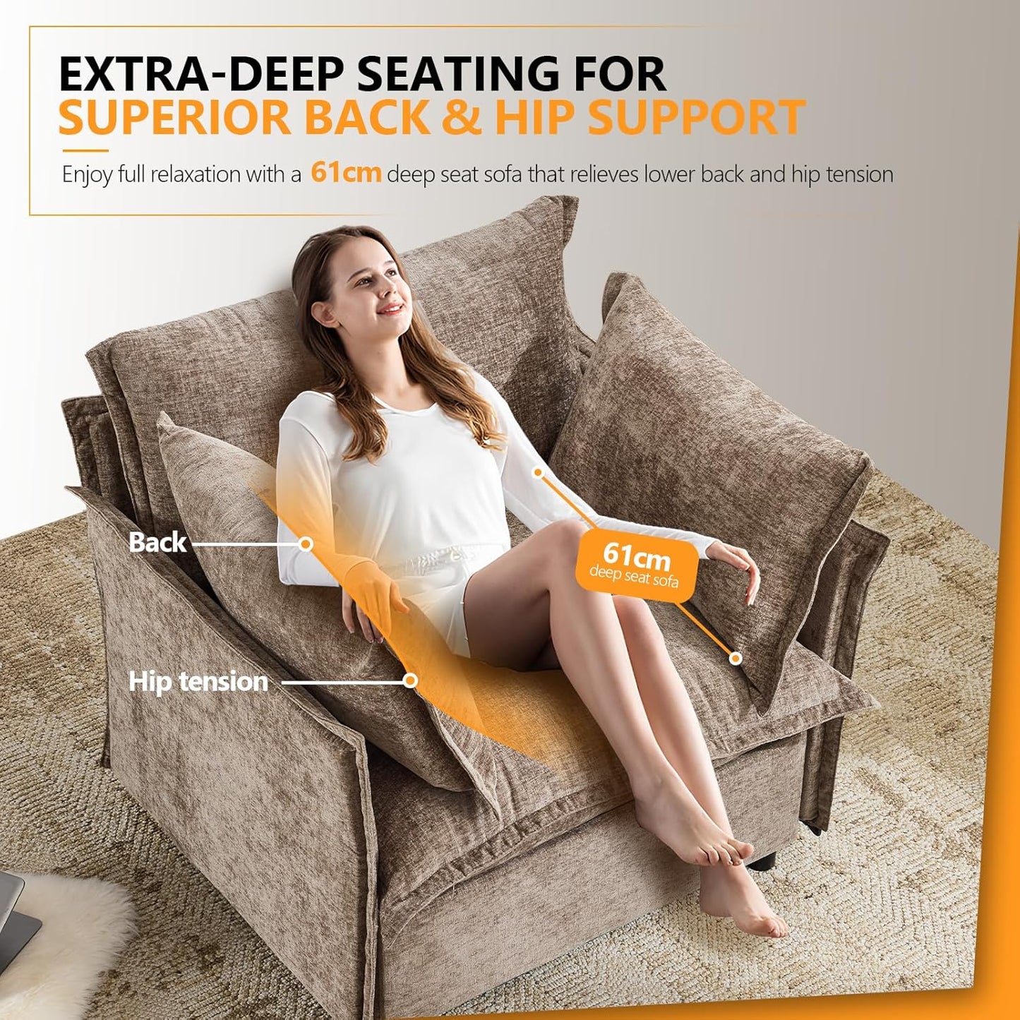 VINGLI 34" Oversized Accent Chairs Set of 2, Light Brown Reading Chair Upholstered Armchair Soft Chenille Fabric Living Room Chairs Sofa for Adults Bedroom, Home Office, Play Room