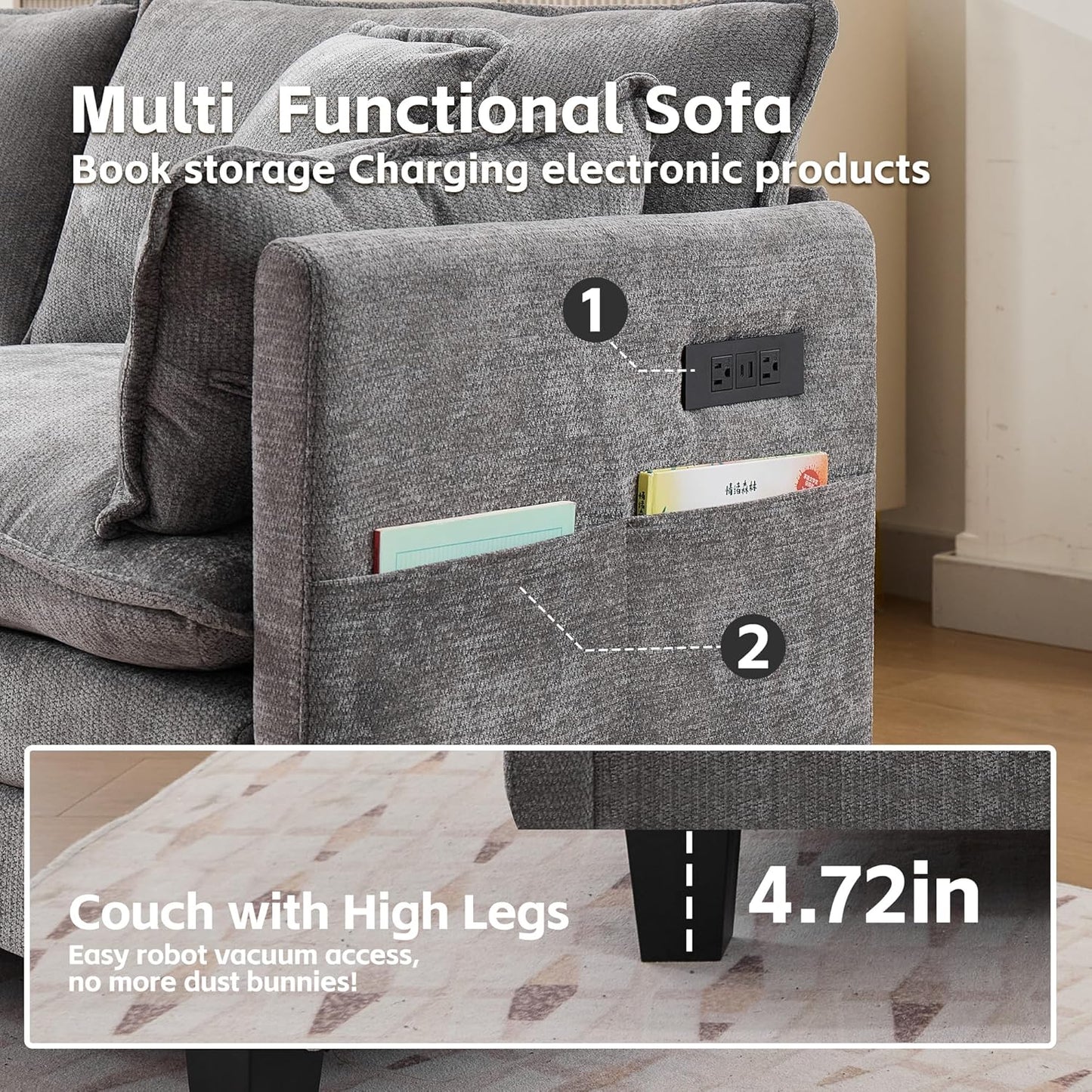 Opiesit Modular Sectional Sofa with Movable Ottoman, 110" 4-Seat Modern Couches for Living Room, Comfy L Shaped Couch Set with Deep Seat for Office and Apartment, Grey Chenille Fabric