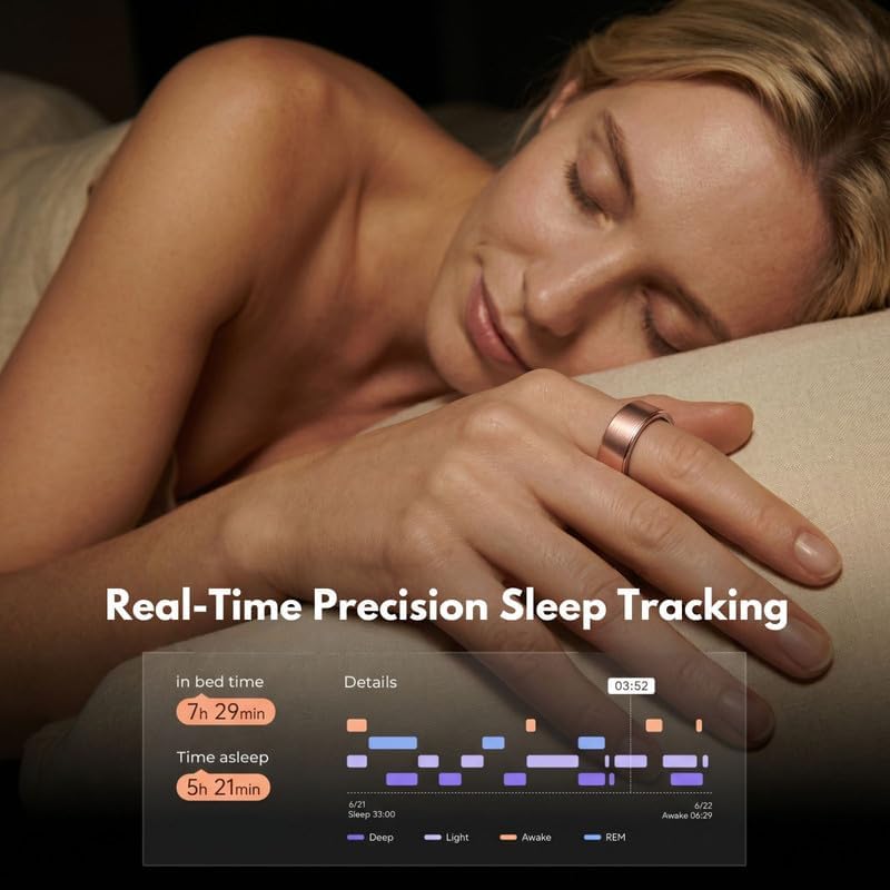 Smart Ring Health Tracker 5ATM Waterproof Sport Ring Exclusive Vibration Alerts Titanium Blood Oxygen/Sleep/Emotional Management Women Cycle Prediction Compatible with iOS/Android Sunlight Gold 9.5