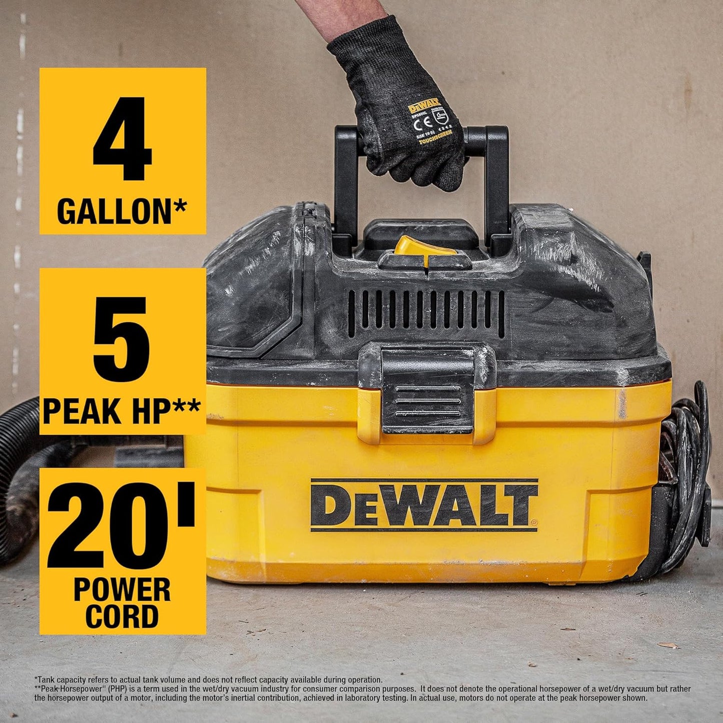 DEWALT DXV04T 4 Gallon Wet/Dry Shop Vacuum, 5 Peak HP Portable Corded Vac with Utility and Crevice Nozzles