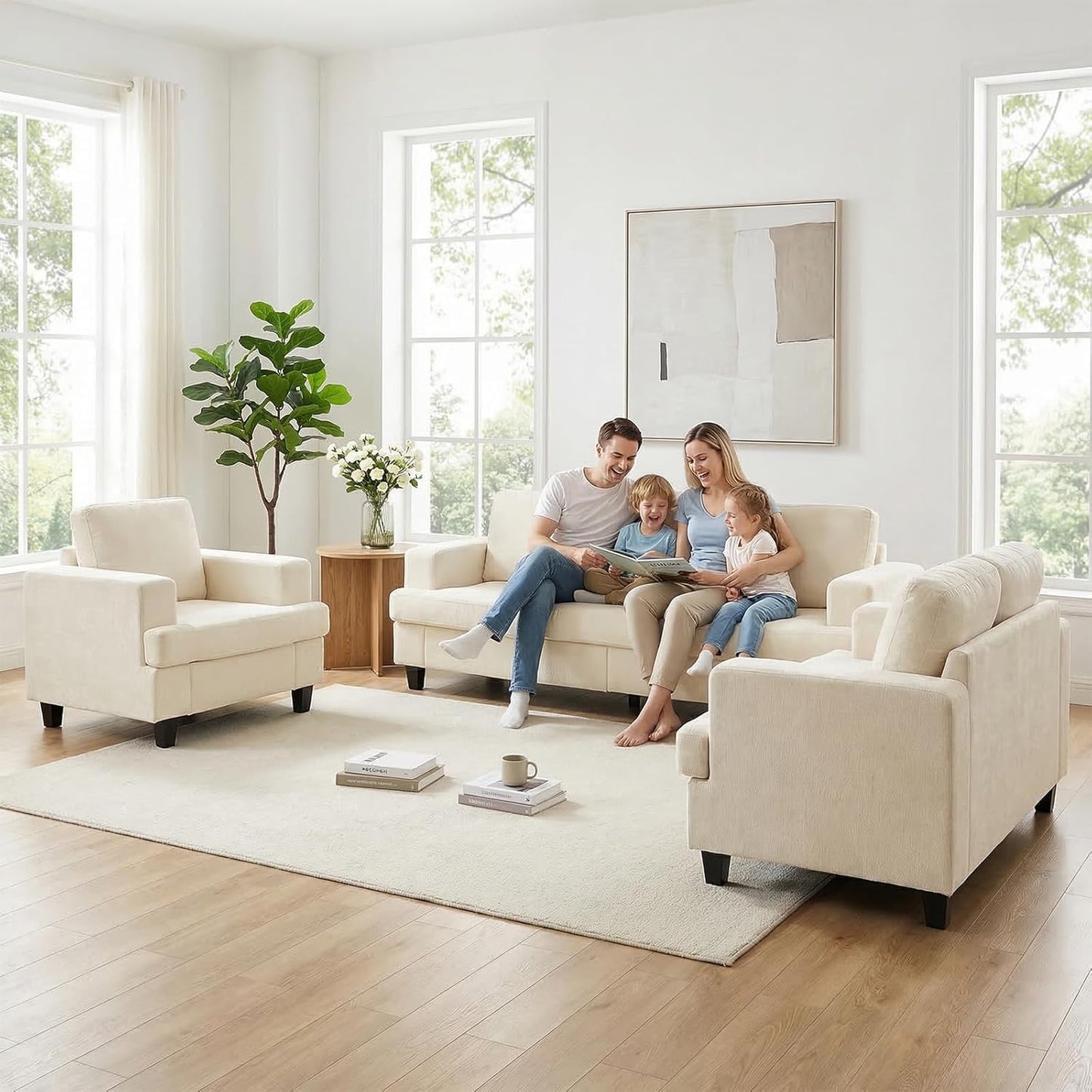 ijuicy 6 Seat Chenille Sectional Sofa Set for Living Room Furniture Set,3 PCS Modern Couch Set,82" Width 3 Seat Couch & Loveseat & Armchair with Solid Wood Legs and Thick Cushion(3+2+1Seat/Beige)