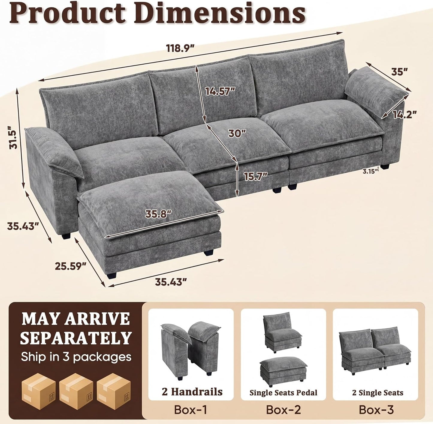 JUMMICO 118.9" Modular Sectional Cloud Couch 3-Seat Sofa Set with Movable Ottoman, L Shaped Sofa Couch with Deep Seat, Chenille Couches for Living Room (Light Grey-4, L Shaped Sofa)