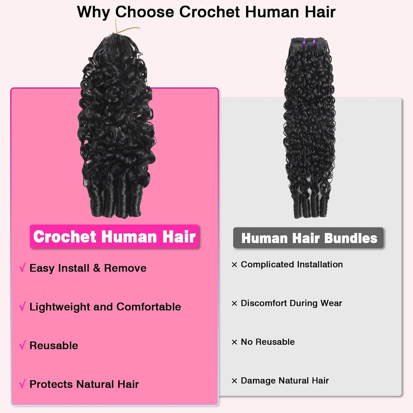 Beauty Queen Burmese Curly Crochet Human Hair 20 Inch 120g Knotless Pre-Separated Feather Human Hair Crochet Bundles 3C4A Lightweight Reusable Remy Hair Extensions for Women Natural Black Color