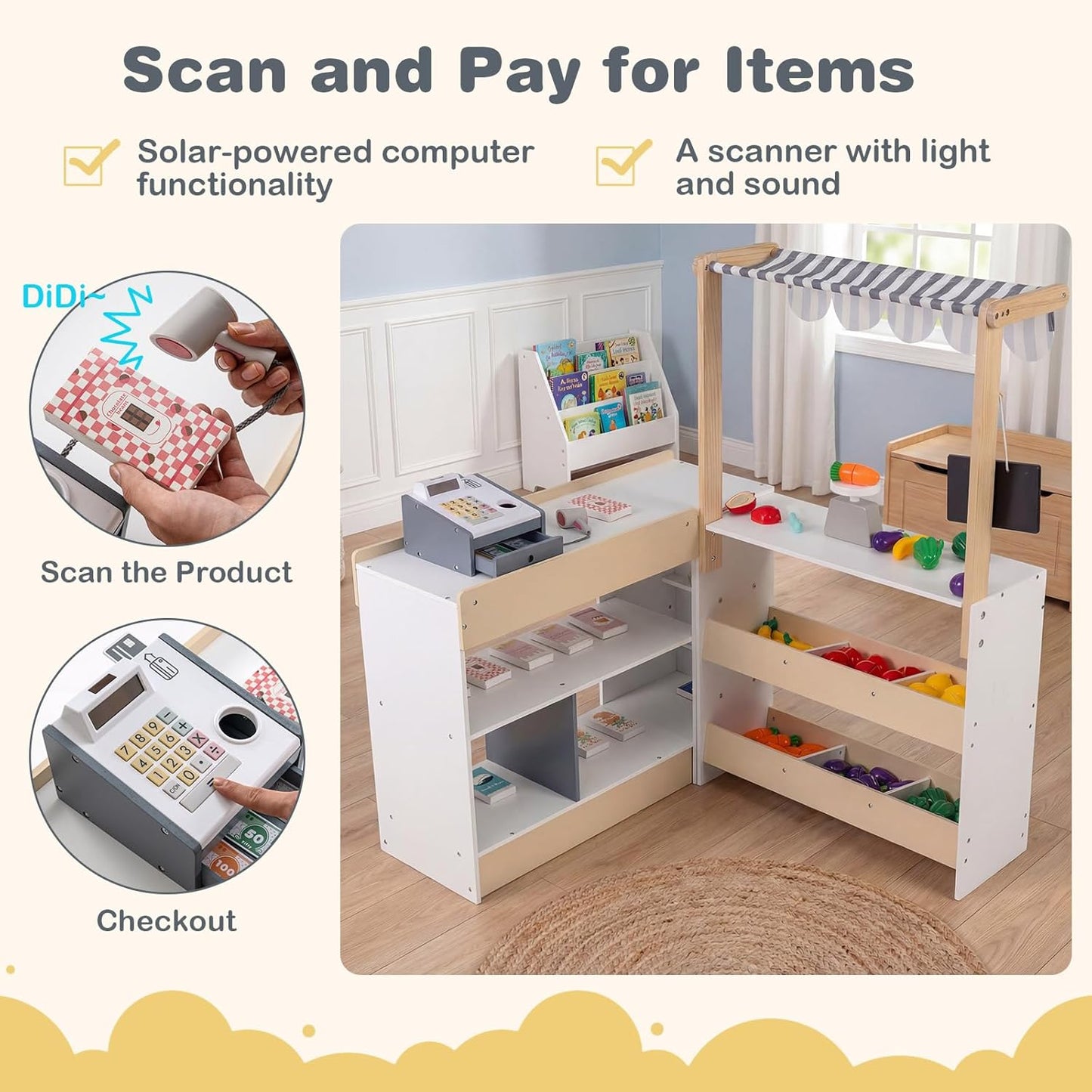 Costzon Kids Grocery Store Playset, Wooden Play Store w/Lights & Sound, Shopping Cart, Blackboards & Cash Register, Toddler Toy Grocery for Boys and Girls Ages 3+ (Natural, 35.5" x 31" x 41")