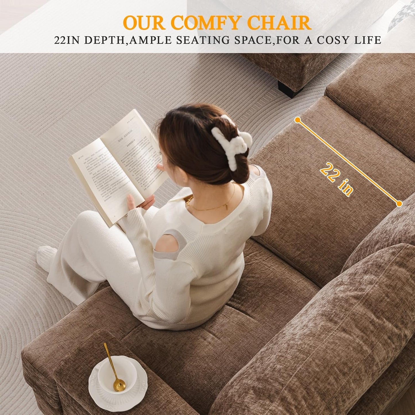 85'' L Shaped Couch with Armrest Organizer,Comfy 3 Seats Sofa with Thick Cushion,Chenille Sectional Couches for Living Room,Bedroom,Apartment,Sofa Set with Oversized Chair,Home Furniture,Brown