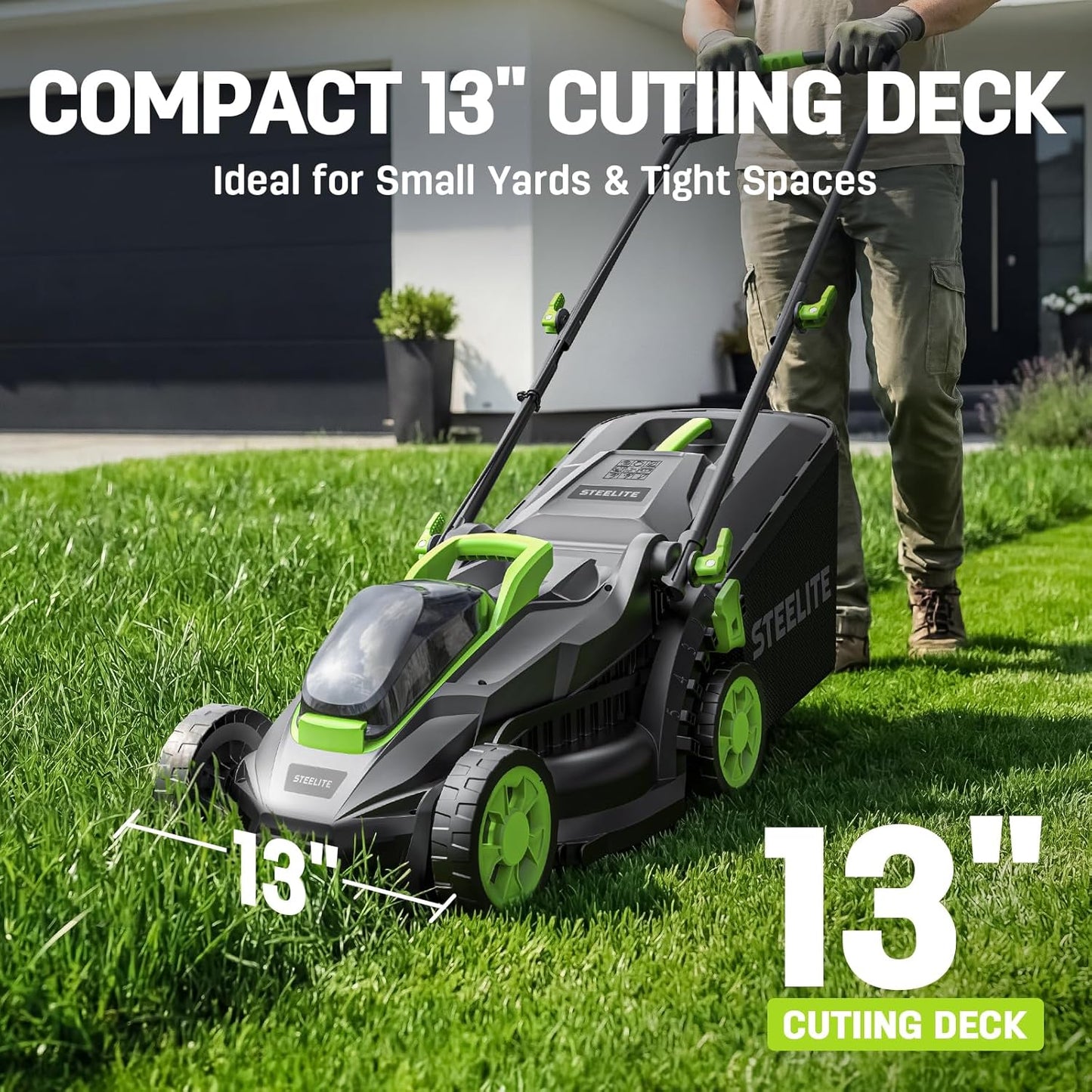 STEELITE 20V 13-Inch Electric Lawn Mower, Brushless Cordless Push Mower with 2 x 4.0Ah Batteries for Extended Runtime & Charger, 5-Position Height Adjustment, Lightweight for Small Yards