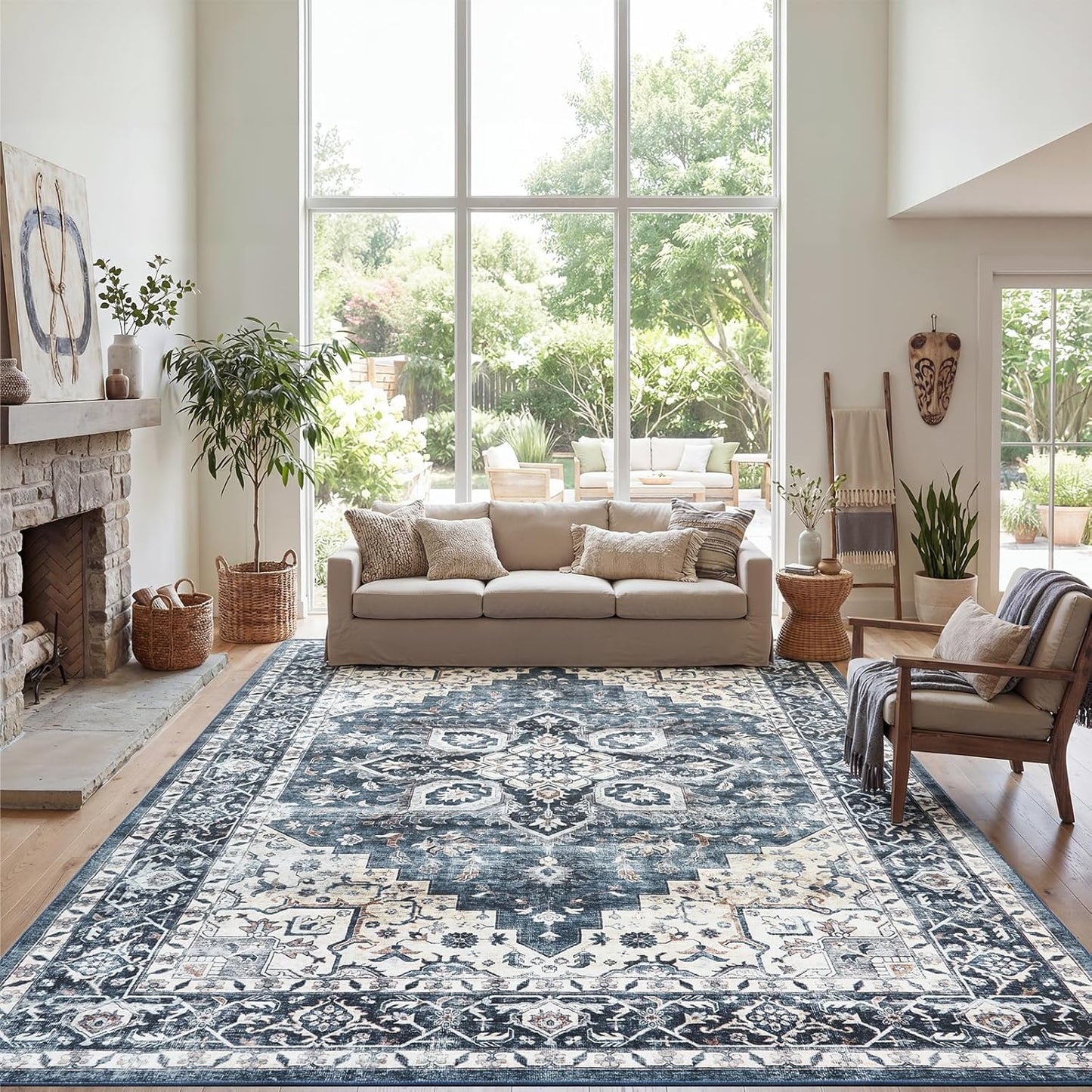 AMADA HOMEFURNISHING 9x12 Washable Area Rug, Low-Profile Large Area Rug with Non-Slip Backing & Durable Edge Binding, Vintage Large Rugs for Living Room, Bedroom & Dinning Room