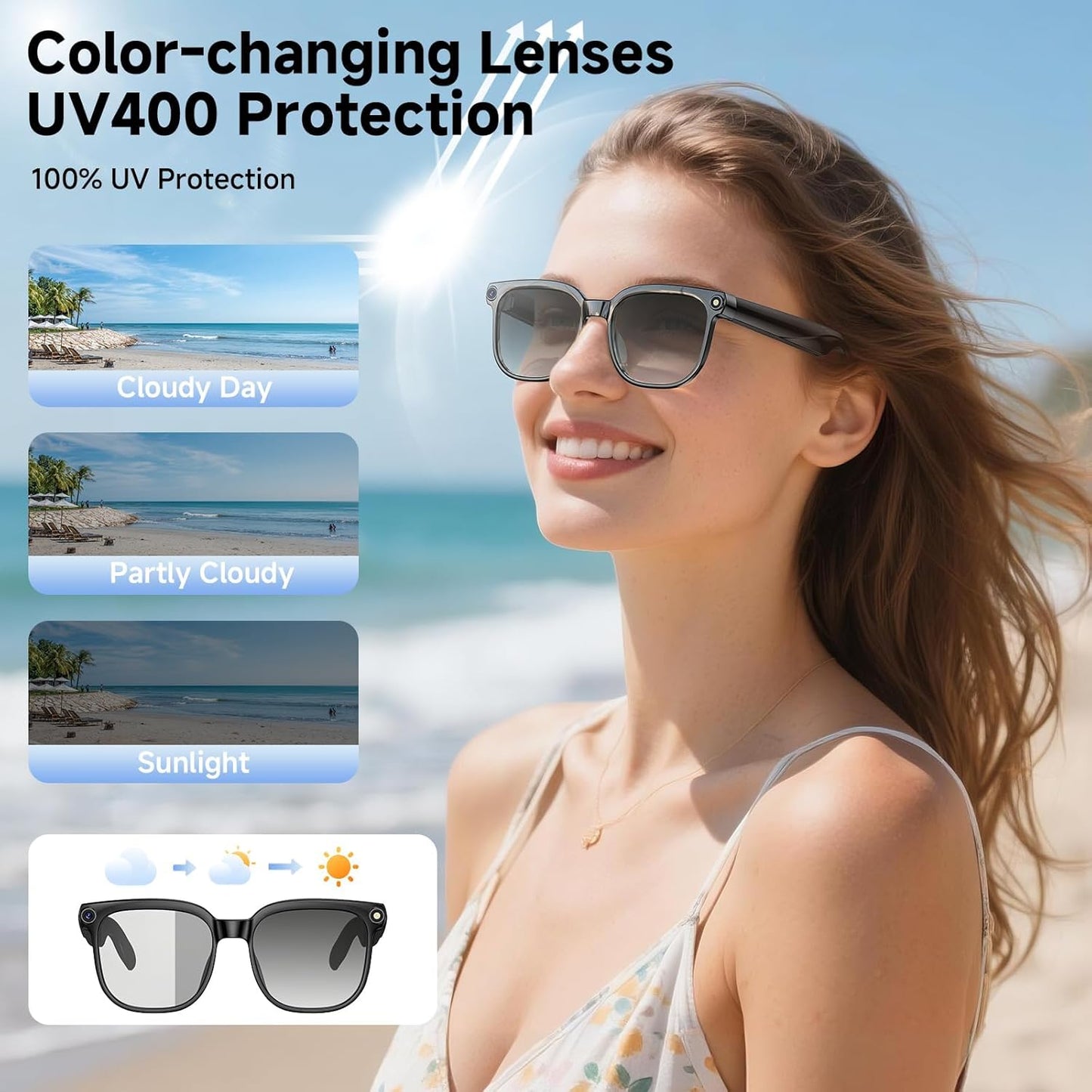 AI Smart Glasses with Camera, 4K 800W HD Video Recording Glasses with Audio, Bluetooth Sunglassess with Camera, Real-Time Translation, Voice Assistant, Object Recognition, Hands-Free Music Calls