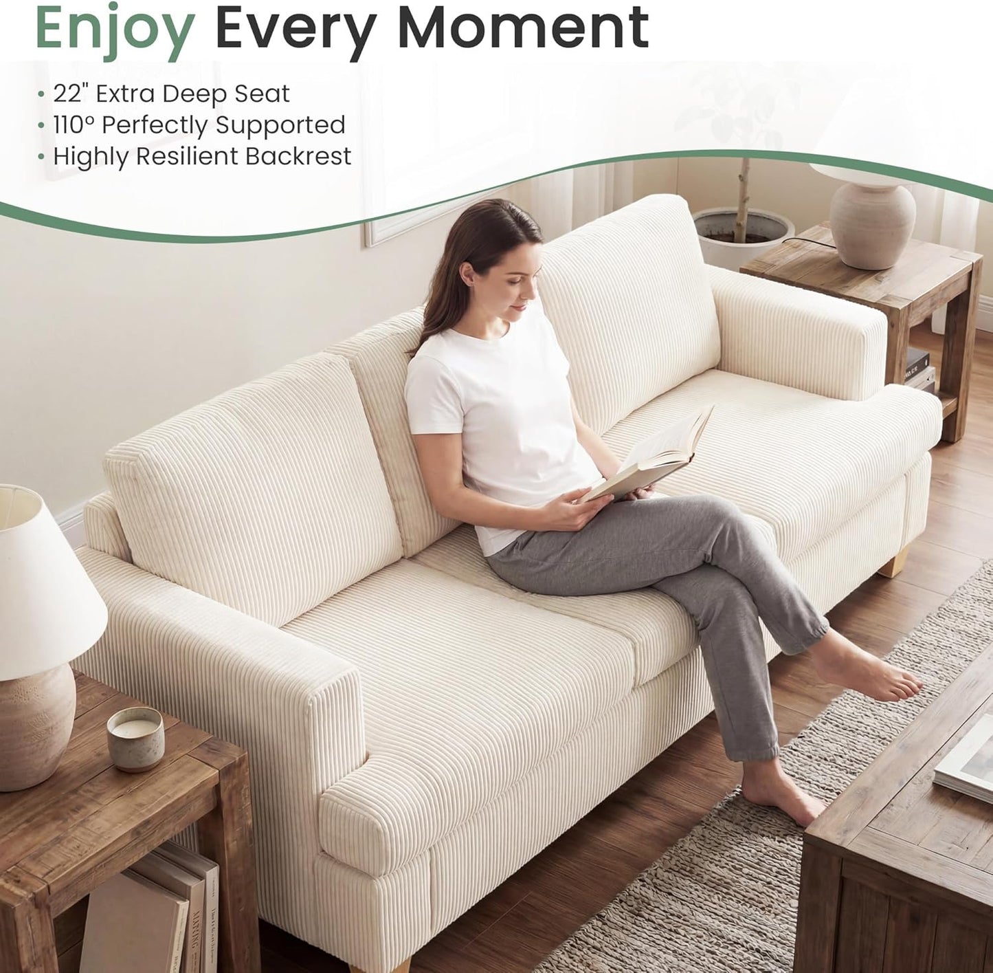 YOUDENOVA 63" Corduroy Sofa Couch Loveseat for Living Room, Small Seep Seat Loveseat Sofa for Bedroom, Comfy Chenille Couch for Small Spaces, White Corduroy
