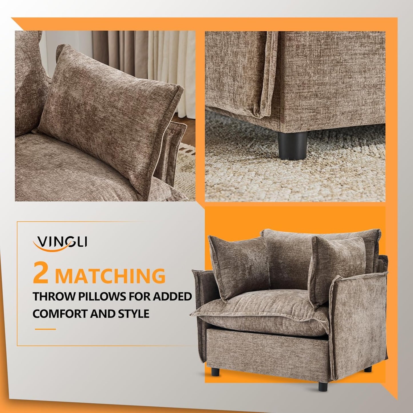 VINGLI 34" Oversized Accent Chairs Set of 2, Light Brown Reading Chair Upholstered Armchair Soft Chenille Fabric Living Room Chairs Sofa for Adults Bedroom, Home Office, Play Room