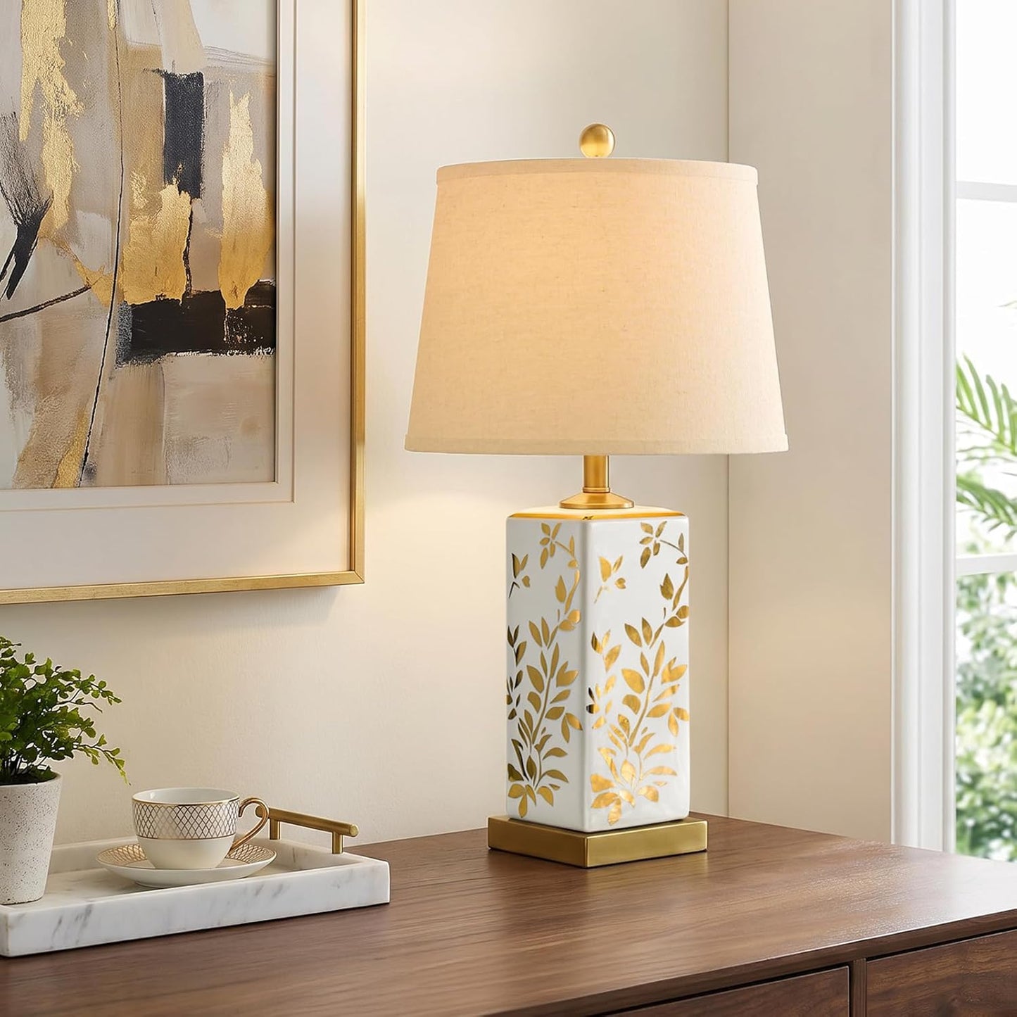 24.25" Mid Century Modern Lamp Set of 2, Vintage Farmhouse Chinoiserie Ceramic Table Lamps, Reflective Gold Leaf Pattern Bedside Lamps for Bedroom Living Room Nightstand, White & Gold