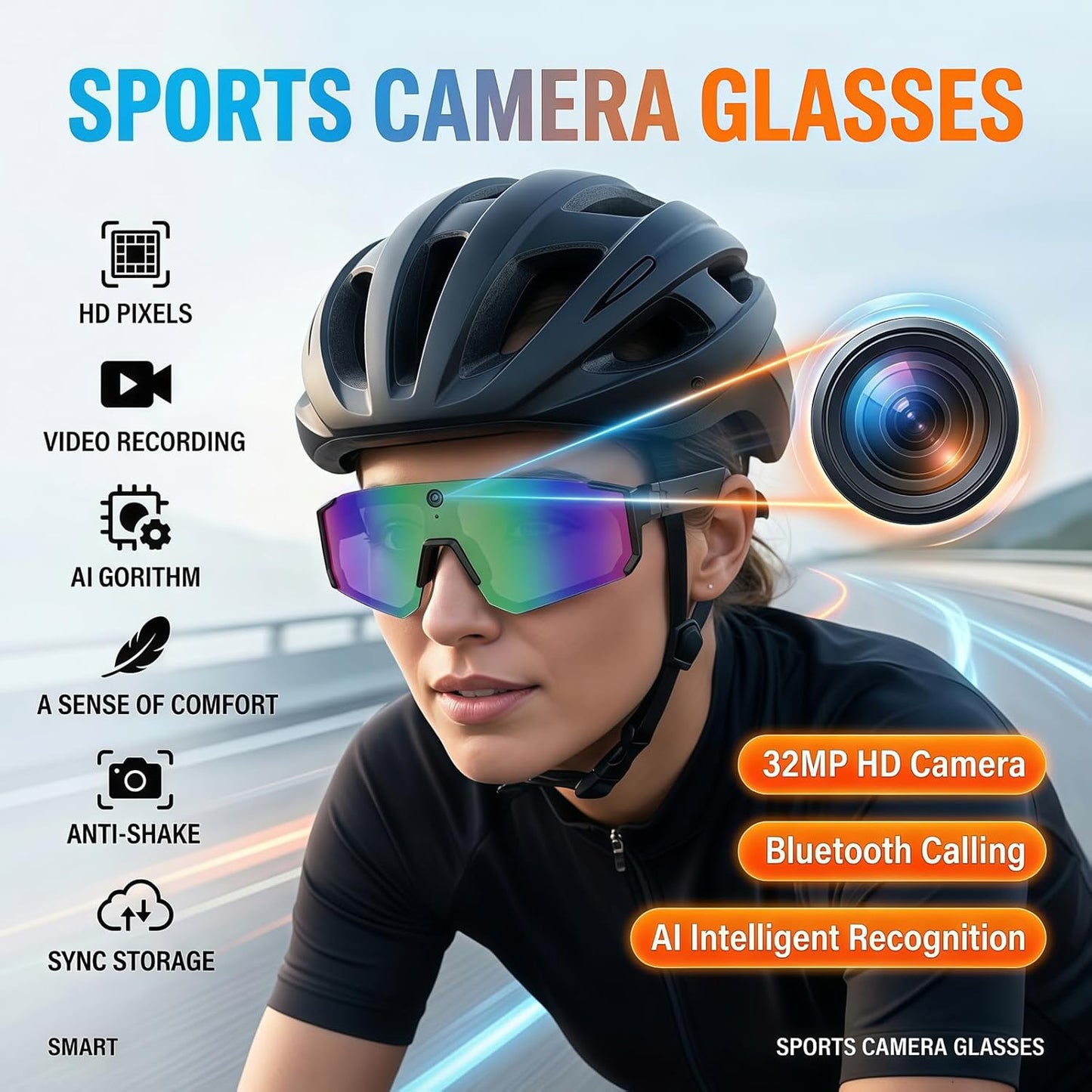 Sport AI Smart Sunglasses with 4K POV Camera — Audio & Video, Real-Time Translation, AI Voice Assistant, Internal Storage, Unisex for Cycling & Outdoor Sports (Orange/Tangerine)