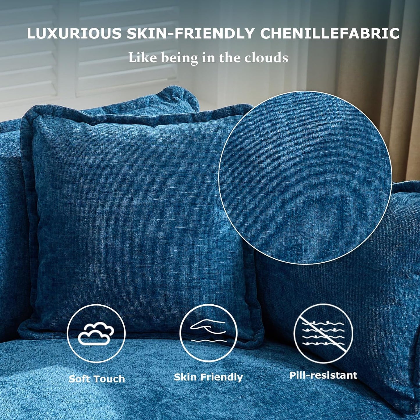 SoarFlash 113.78" Chenille Sectional Sofa, Comfy L Shaped Modular Coush Sofa with Ottoman, Modern 4 Seat Couch Deep Seat Sofa Set for Living Room,Blue