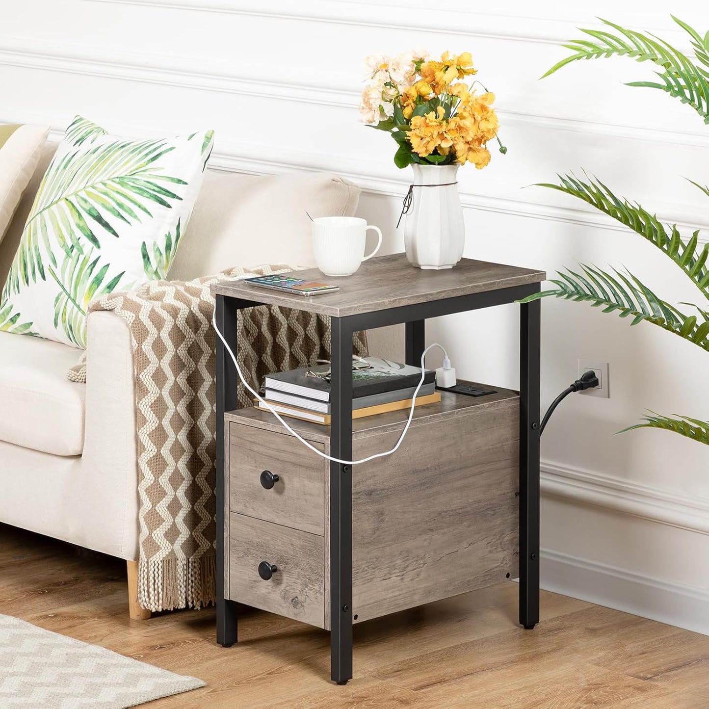 HOOBRO Set of 2 End Tables with Charging Station, Narrow Side Table with Drawers & USB Port & Power Outlets, Nightstand for Small Spaces, Living Room, Stable, Greige and Black BG541BZP201