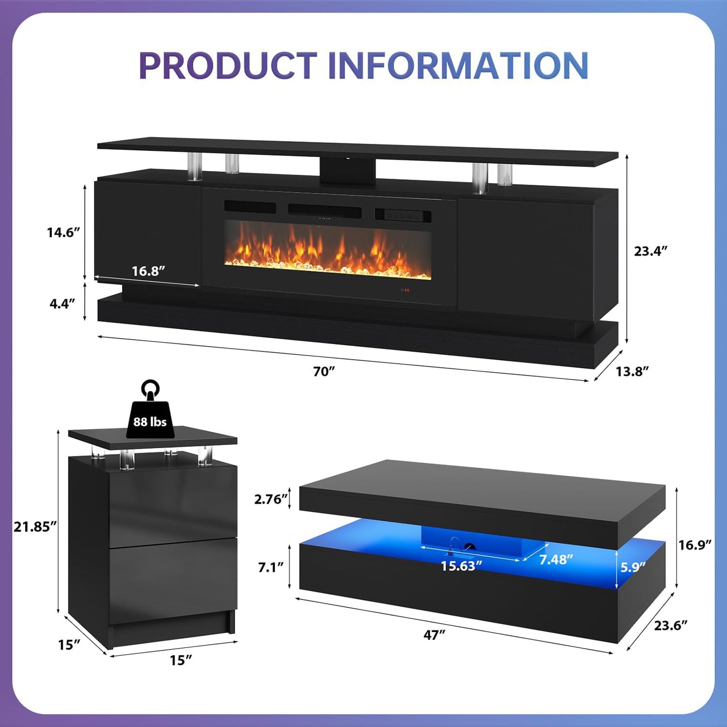 4-Piece Modern Living Room Table Set, Includes High Gloss 70" Fireplace TV Stand, 47" LED Coffee Table and 15" End Tables Set of 2 with Storage Drawers, Black