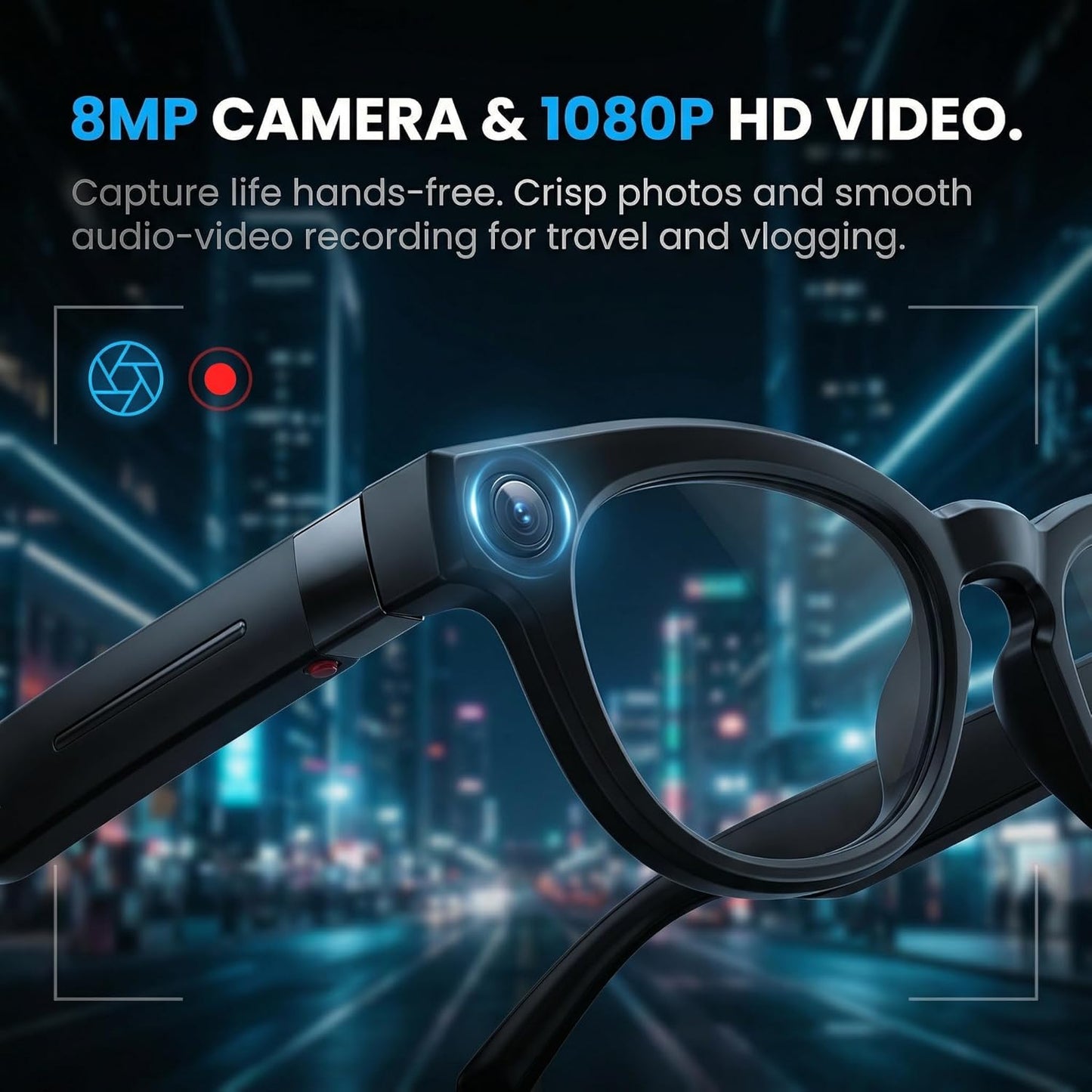 AI Smart Glasses with 8MP Camera, 1080P Video Recording Sunglasses with Audio, Real-Time Translation & Object Recognition, Bluetooth Smart Eyewear withVoice Assistant (Black)