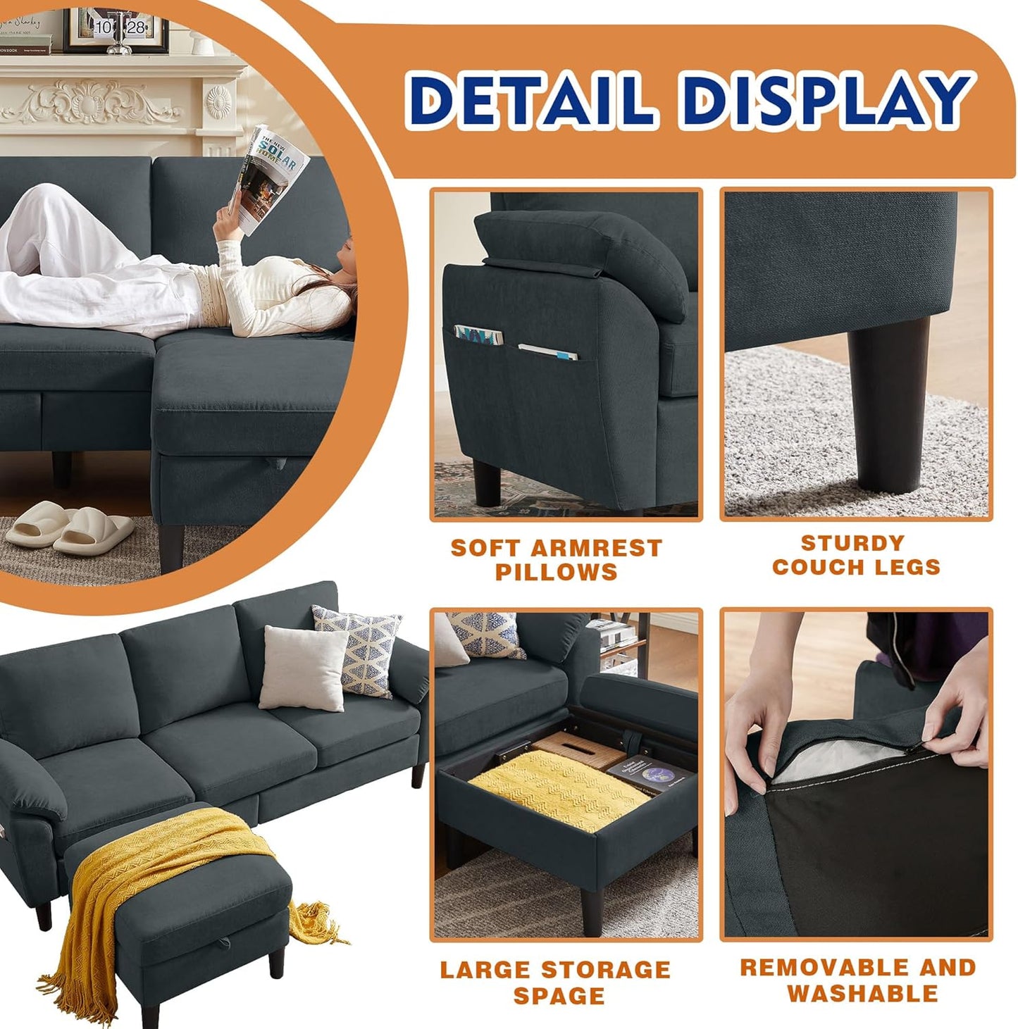 4 Piece Convertible Sectional Sofa Set, Modern Linen Small L Shaped Couch with Reversible Chaise, 3-Seater Sofa & Loveseat & Armchair for Living Room, Office, Apartment, Dark Grey