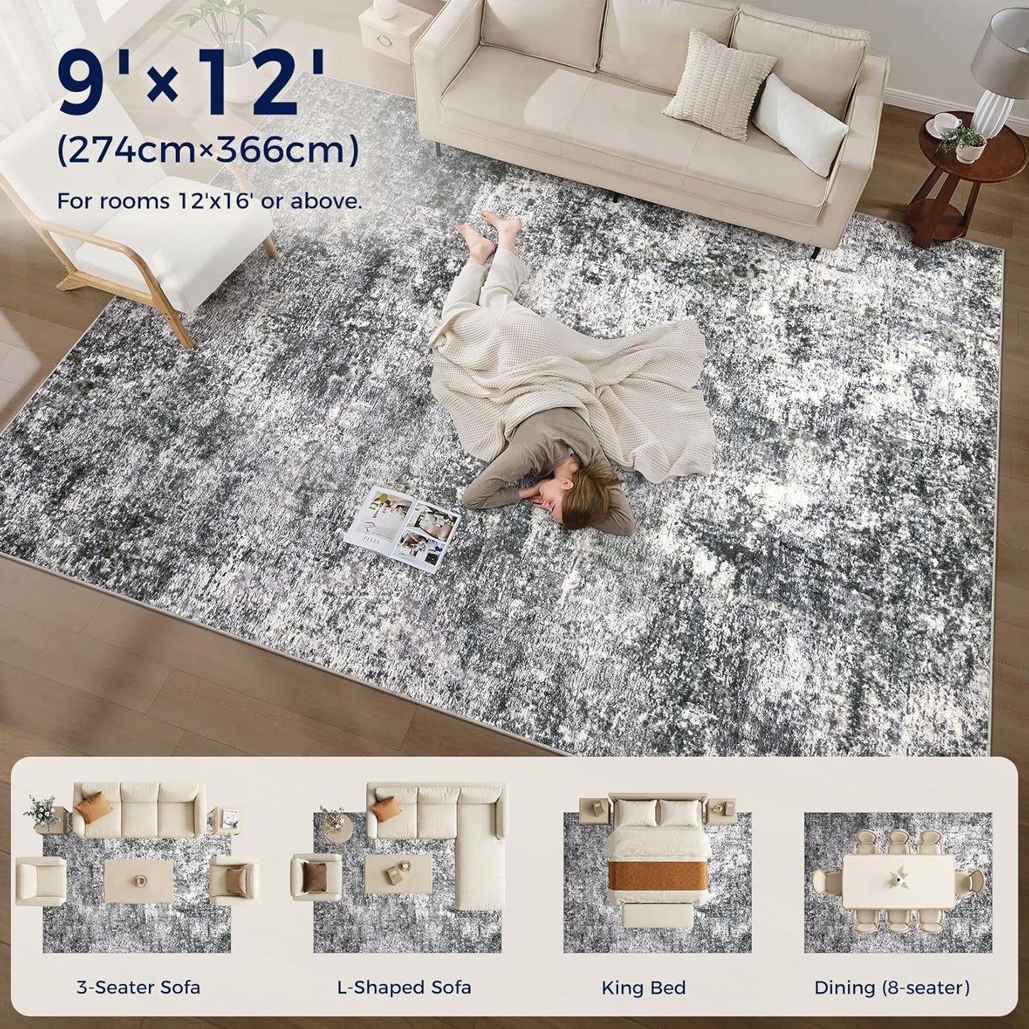 DMOYEST Area Rug Living Room Rugs - 9x12 Large Soft Indoor Neutral Modern Abstract Low Pile Washable Rug Carpet for Bedroom Dining Room Farmhouse Home Office - Grey