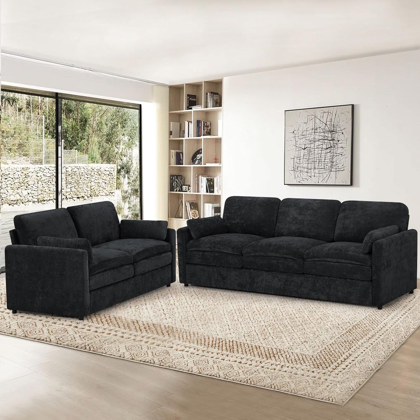 2 Pieces Chenille Sofa Set w/Two Throw Pillows, Upholstered Loveseat & 3 Seater Sofa w/Comfortable Back Cushions, Modern 2-Seat & 3-Seat w/High-Density Foam for Living Room, Apartment, Black