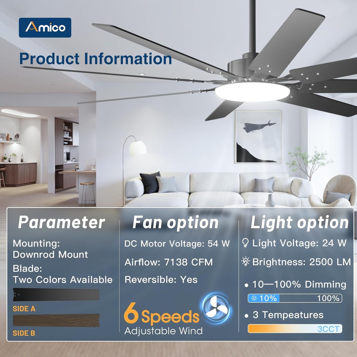 72 inch Ceiling Fans with Lights,Large Ceiling Fan with Light and Remote Control, Dimmable, 3CCT, Quiet, Black Modern Ceiling fan For Living Room, Bedroom, Kitchen, Patio, Farmhouse, Indoor/Outdoor