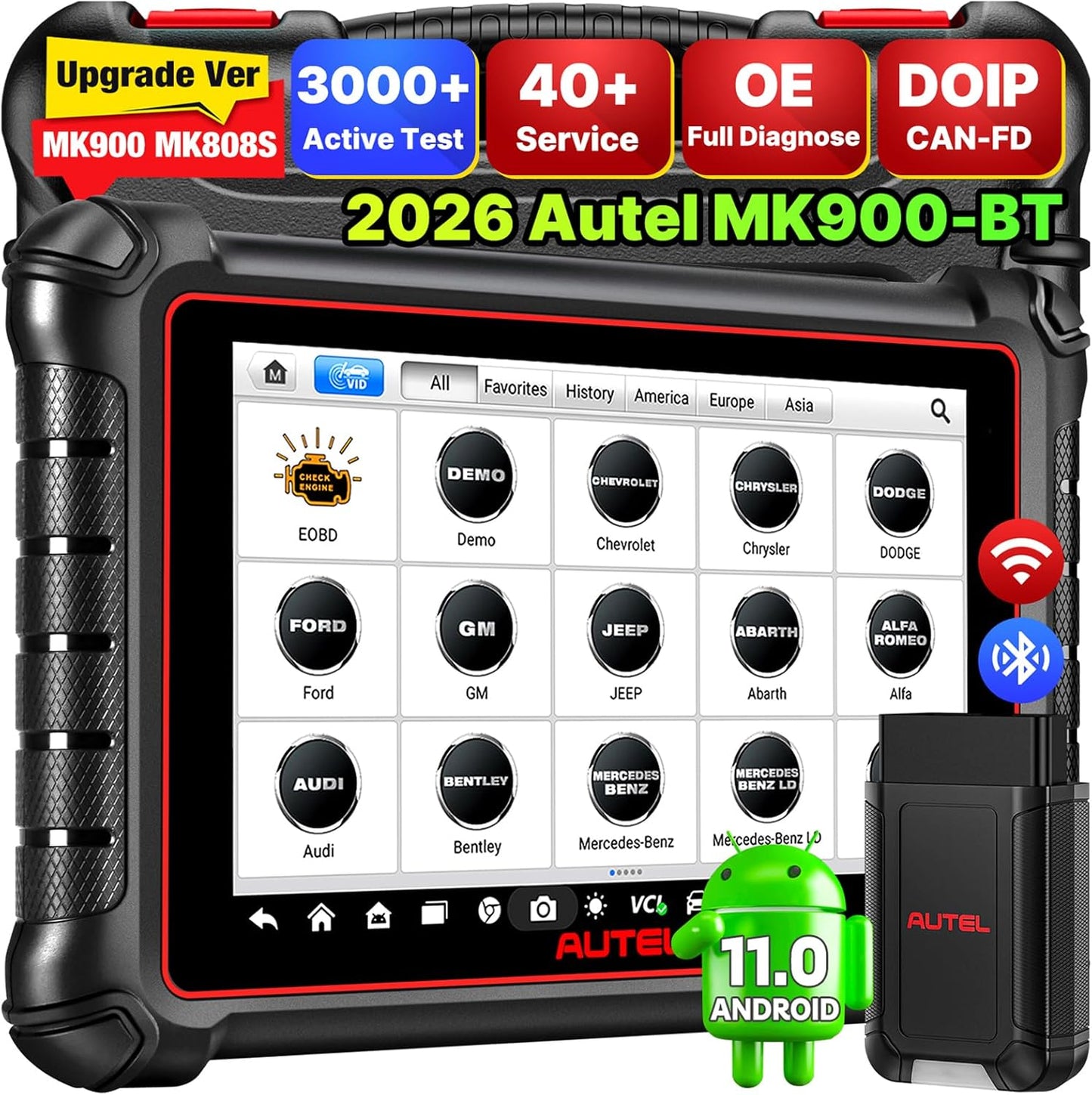 Autel Scanner MaxiCOM MK900BT, 2026 MK900-BT V2.0 Bidirectional Diagnostic Tool, 8in Up of MK900 MX900 MK808S MK808BT MX808S MK808Z, 3000+ Active Tests, 40+ Service, CAN-FD&DOIP, All System, FCA 11 OS