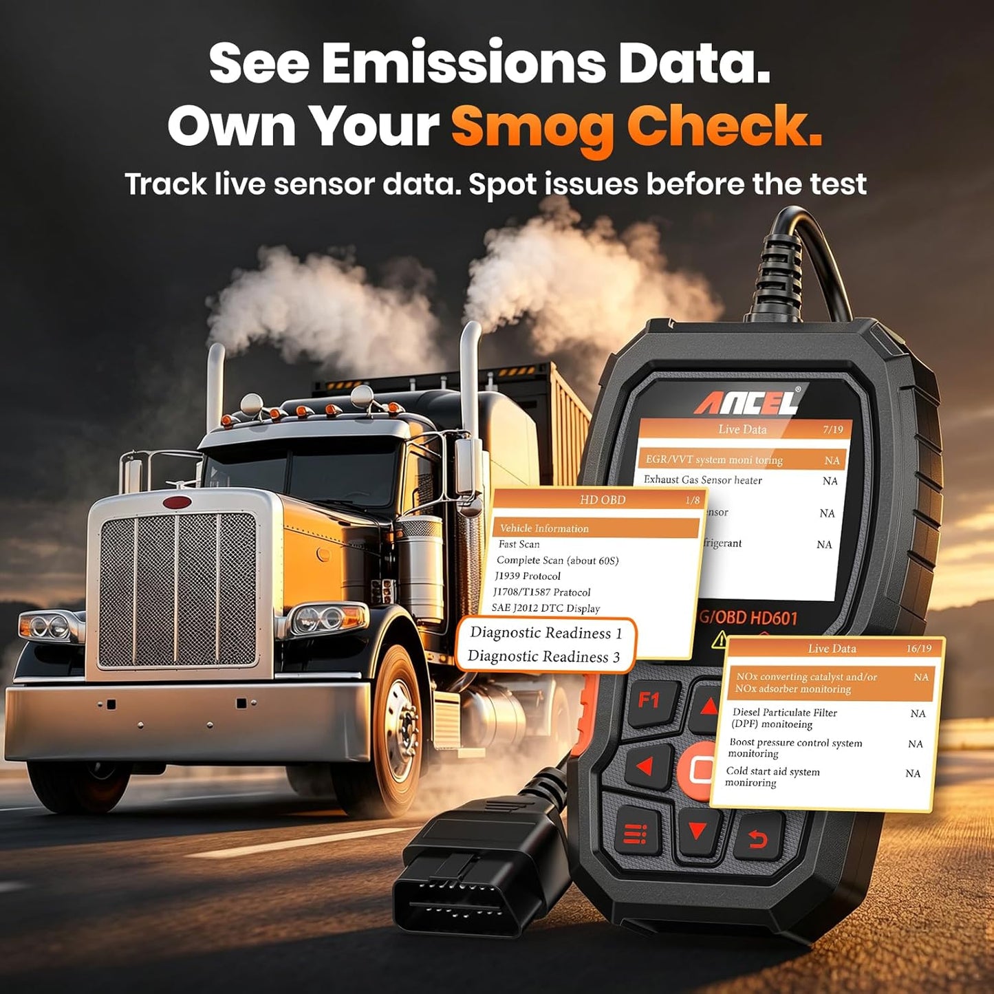 ANCEL New HD601 Heavy Duty Truck Scanner, Diesel Full System Diagnostic Scan Tool Fits for Cummins, Detroit, Volvo, Paccar & Caterpillar, 2 in 1 HDOBD & OBD2 Code Reader for Commercial Vehicles & Cars