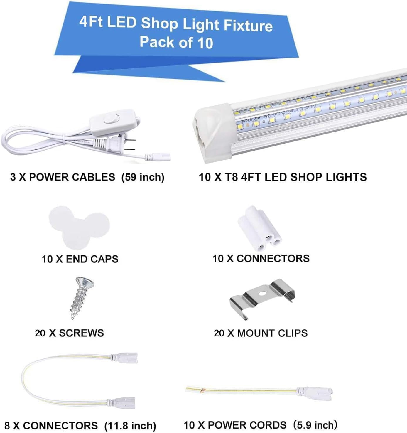 10Pack 4FT LED Shop Light - 50W 8000LM 6500K Linkable Clear Cover T8 LED Tube Light for Workshop, Warehouse, Basement - Plug and Play