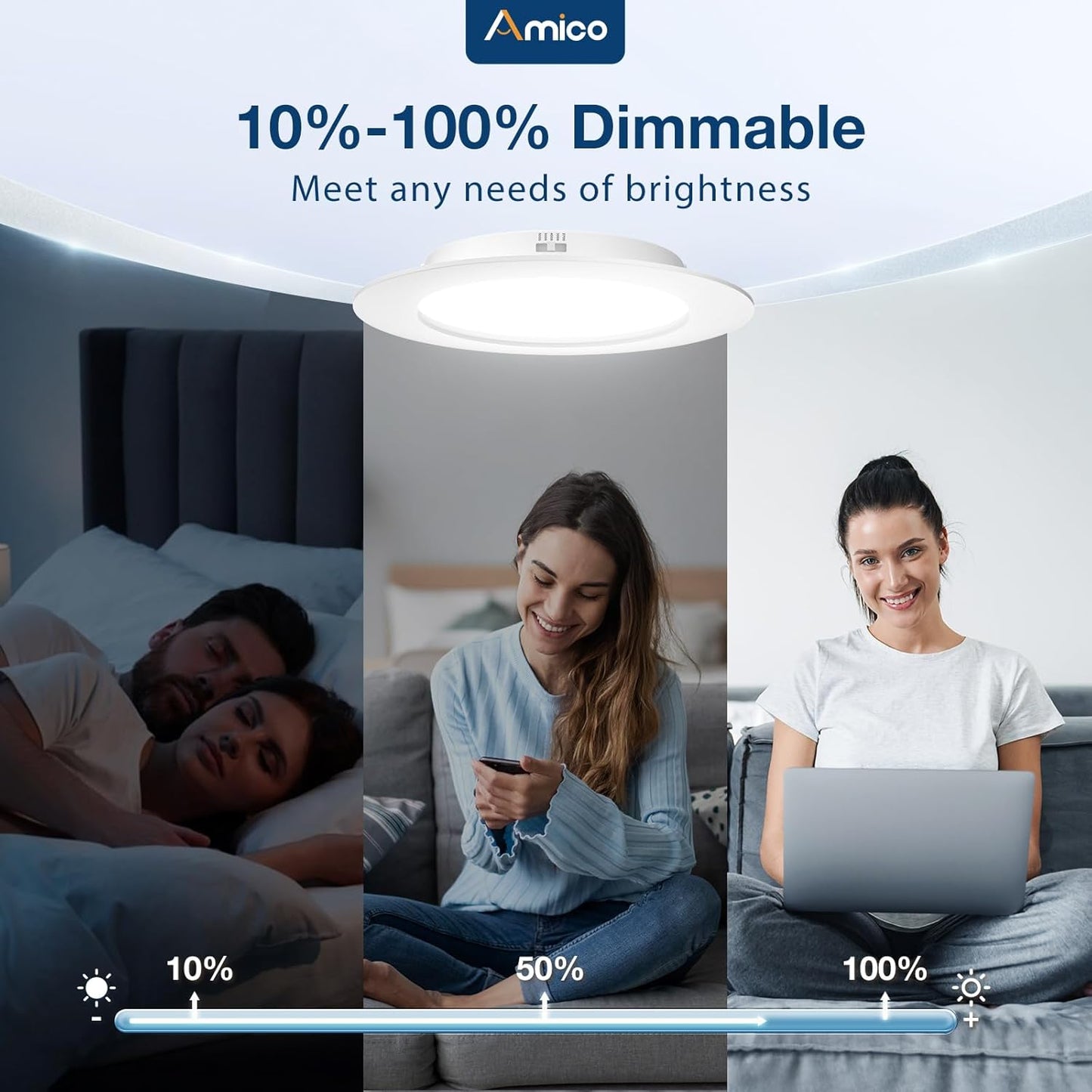 Amico 5/6 inch 5CCT LED Recessed Lighting 48 Pack, Dimmable, IC & Damp Rated, 12.5W=100W, 950LM Can Lights with Baffle Trim, 2700K/3000K/4000K/5000K/6000K Selectable, Retrofit Installation - ETL & FCC