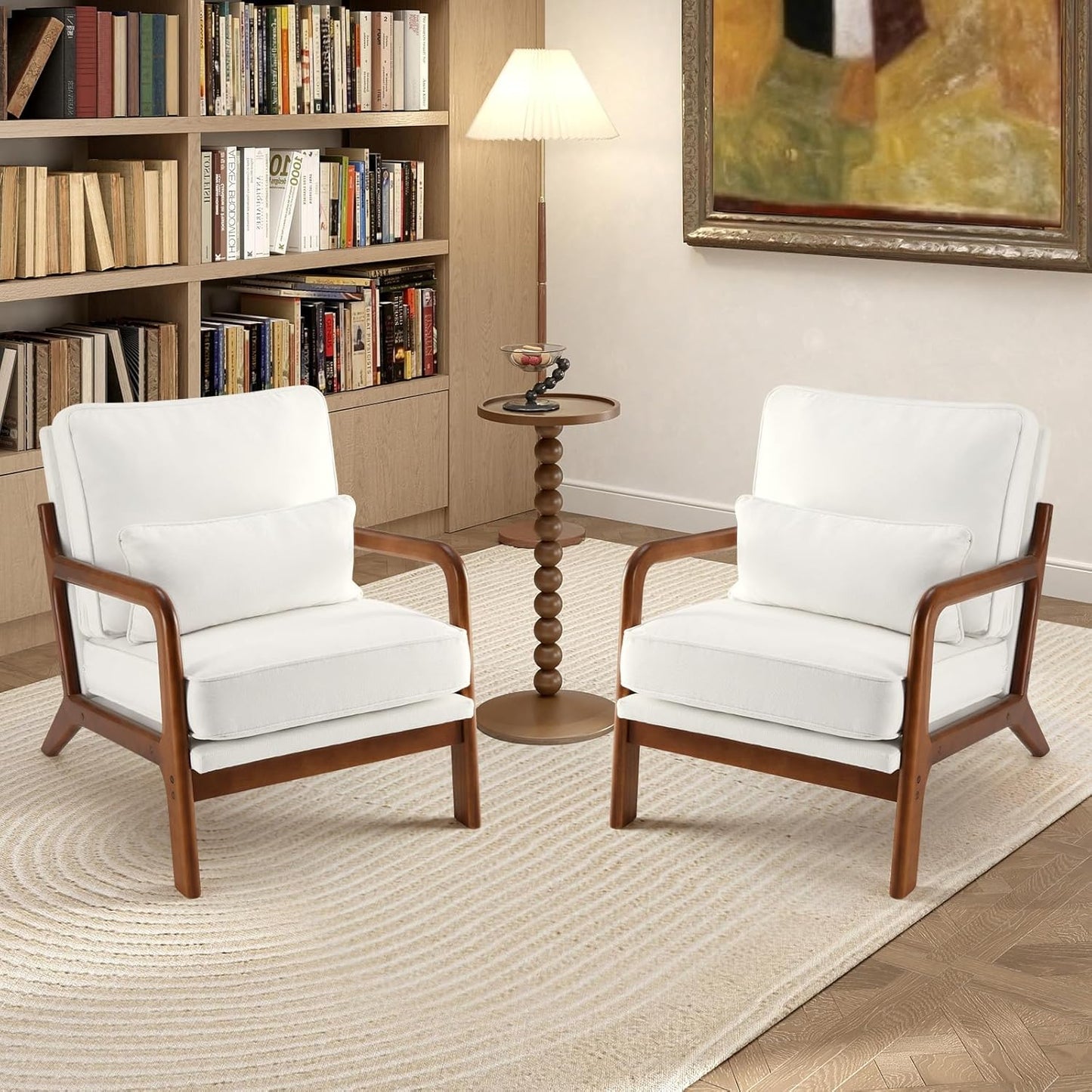 DUMOS Accent Chairs Set of 2,Mid Century Modern Chair with Arms and Waist Cushion, Reading Chairs for Adults, Lounge Chair for Living Room and Bedroom, Solid Wooden Frame, Cream