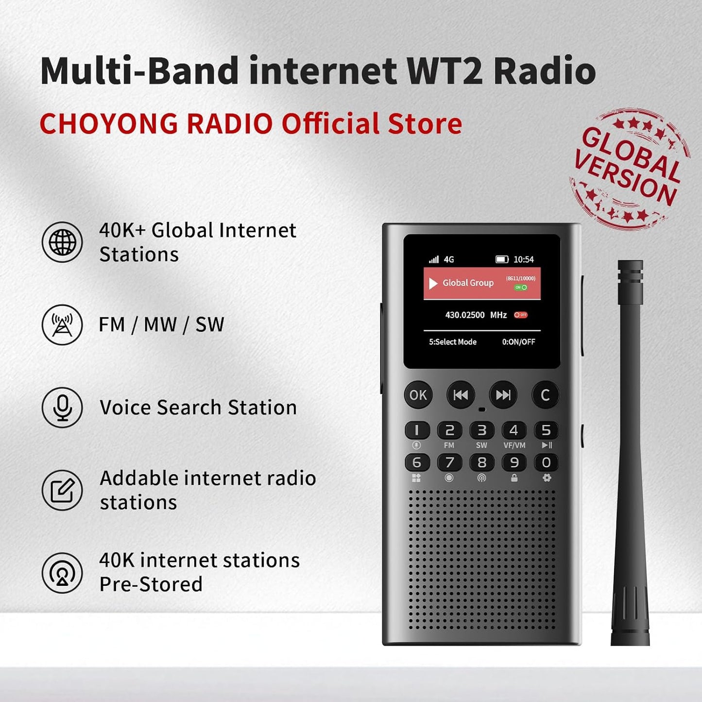 Choyong WT2 Multi-Band Smart Internet Radio WIFI/4G, AM/FM, and Portable Shortwave Radio Receiver Long Range Handheld Radio, Bluetooth