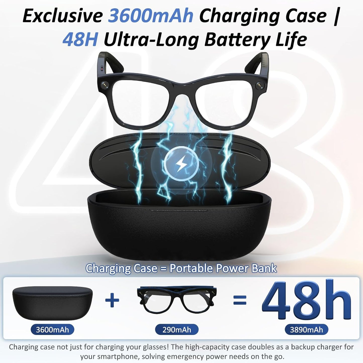 AI Smart Glasses, 8MP HD Camera Glasses With AI Assistant and 3600mAh Charging Case, Translation Glasses with 164 Languages and Color-Change Lens, Music & Hands-Free Calls, UV & Blue Light Protection