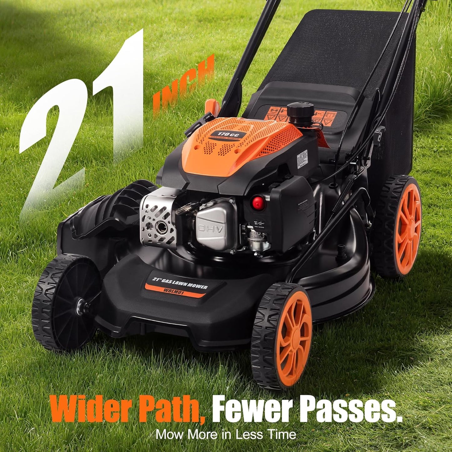 21" Self-Propelled Gas Lawn Mower – 170CC 4-Stroke Engine, 7 Cutting Heights, 3-in-1 Mulch/Bag/Discharge, 1.9-Bushel Large Grass Collector, EPA Compliant