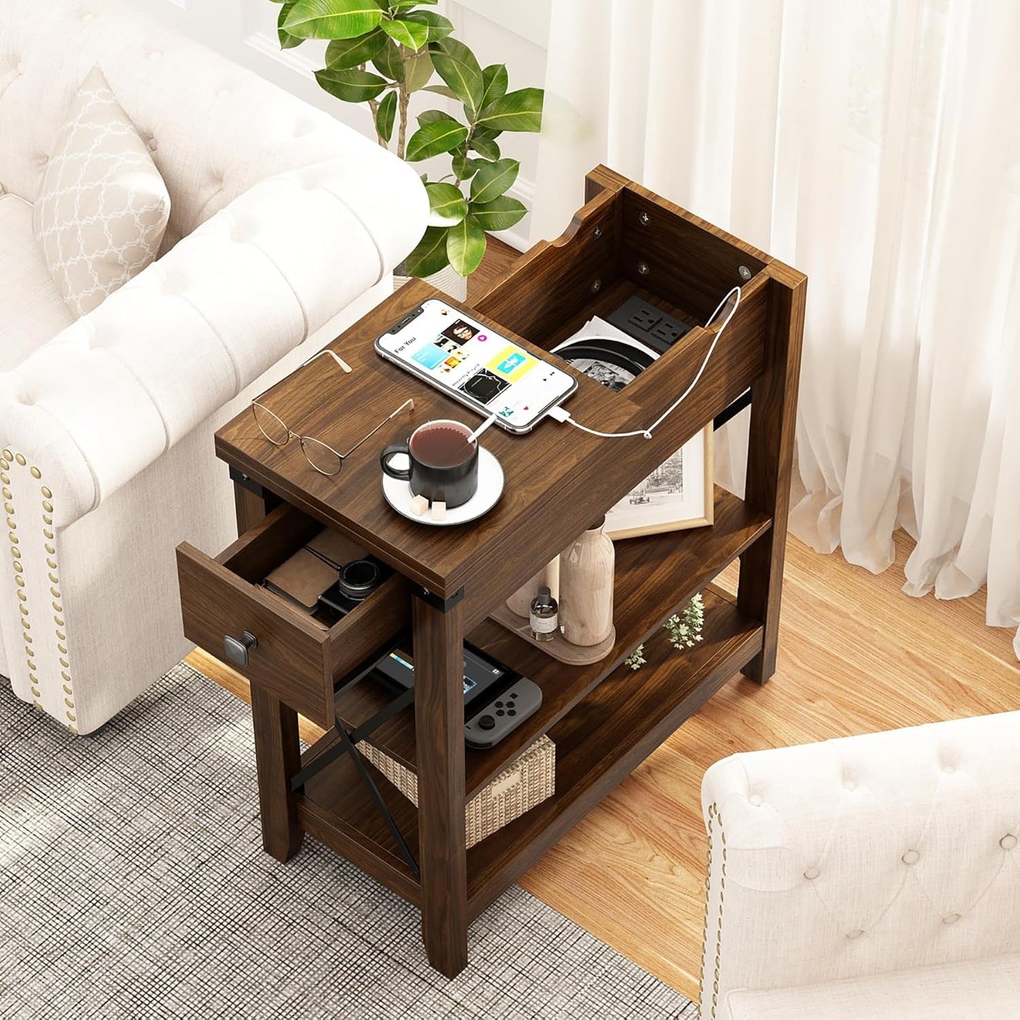 Awescuti Narrow End Table with Charging Station - Farmhouse Slim Side Table Set of 2, w/USB Ports Power Outlets, Nightstand w/Flip Top Storage Drawer, for Small Spaces Living Room Bedroom, Walnut