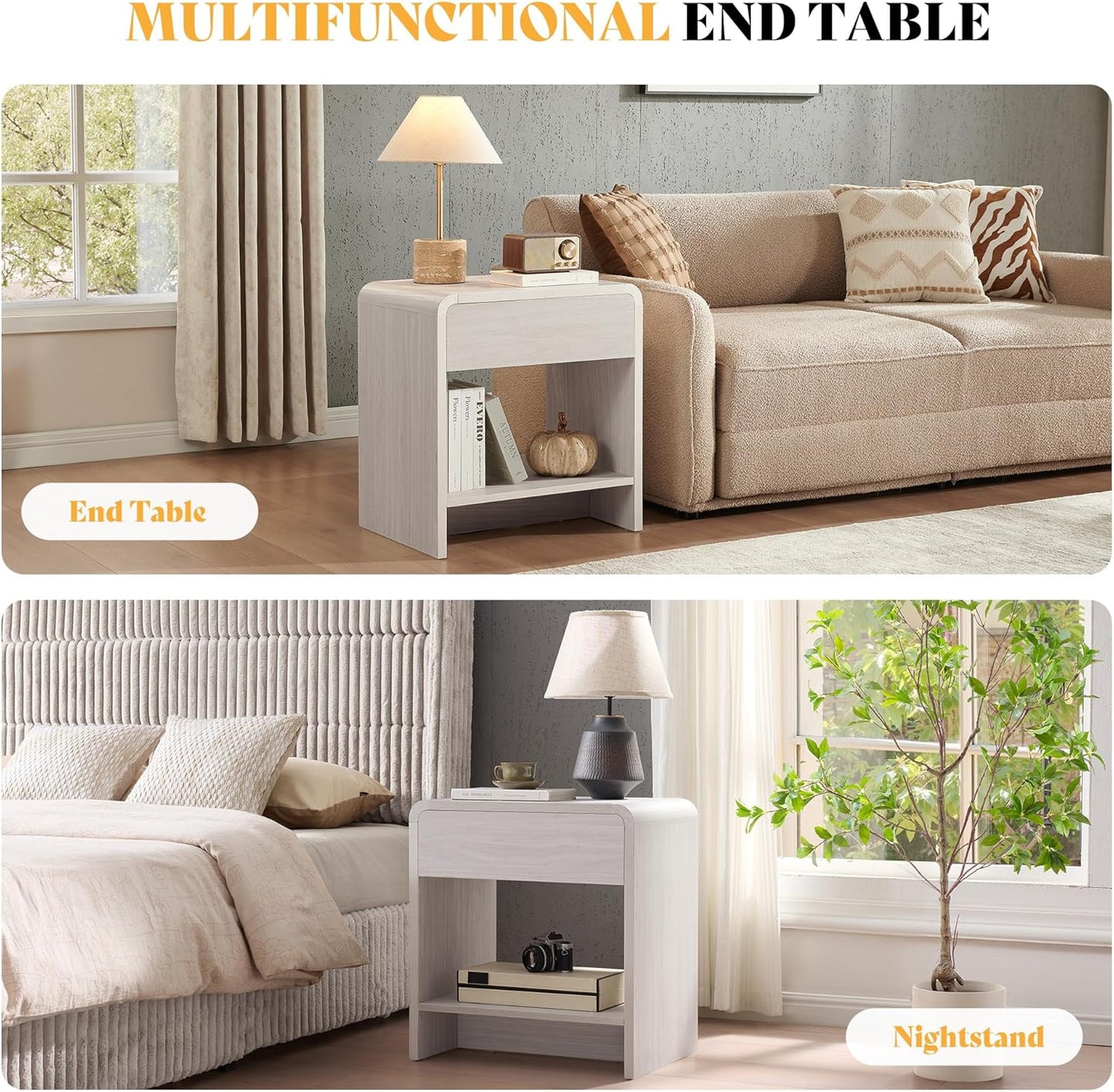 AMERLIFE 3-Piece Living Room Table Set, Includes Coffee Table & 2 End Tables, Modern Coffee Table Sets with Large Storage Drawers & Smooth Rounded Edges, White