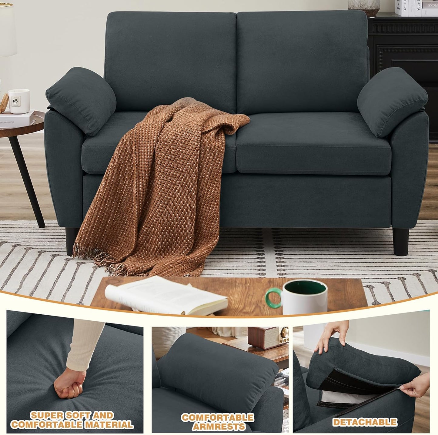4 Piece Convertible Sectional Sofa Set, Modern Linen Small L Shaped Couch with Reversible Chaise, 3-Seater Sofa & Loveseat & Armchair for Living Room, Office, Apartment, Dark Grey