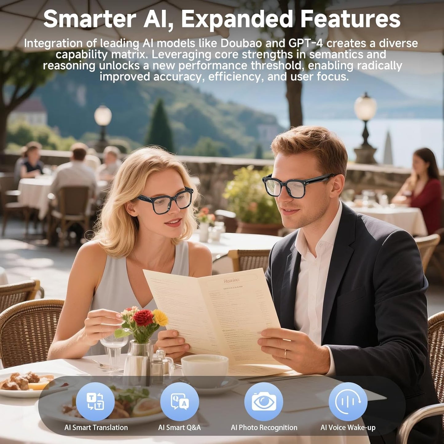 AI Smart Glasses with Camera, 4K 800W HD Video Recording Glasses with Audio, Bluetooth Sunglassess with Camera, Real-Time Translation, Voice Assistant, Object Recognition, Hands-Free Music Calls